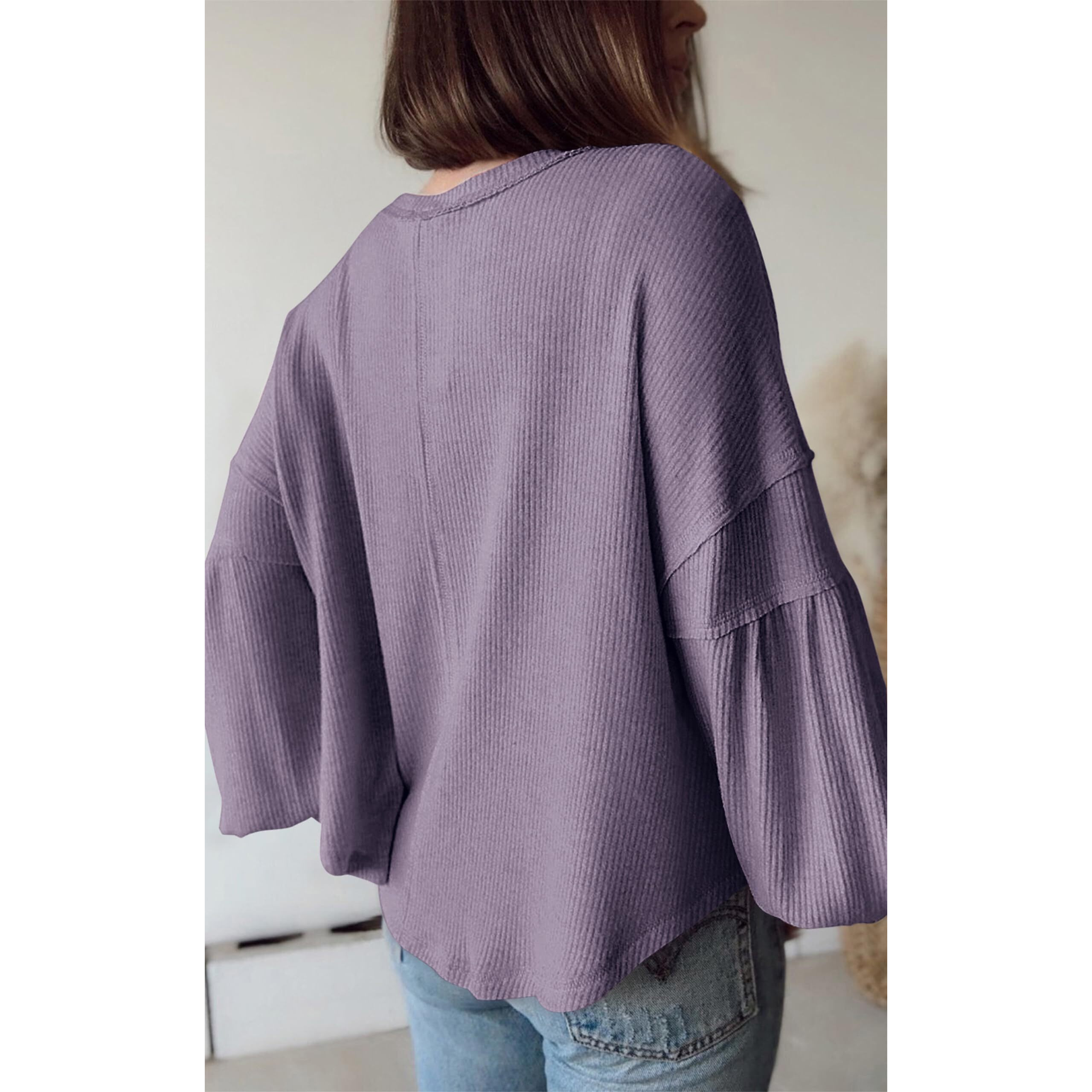 Btfbm Women's Casual V Neck Ribbed Knit Shirts 2025 Fall Pullover Tunic Tops Loose Balloon Long Sleeve Blouses Top(Solid Taro Purple, Large)