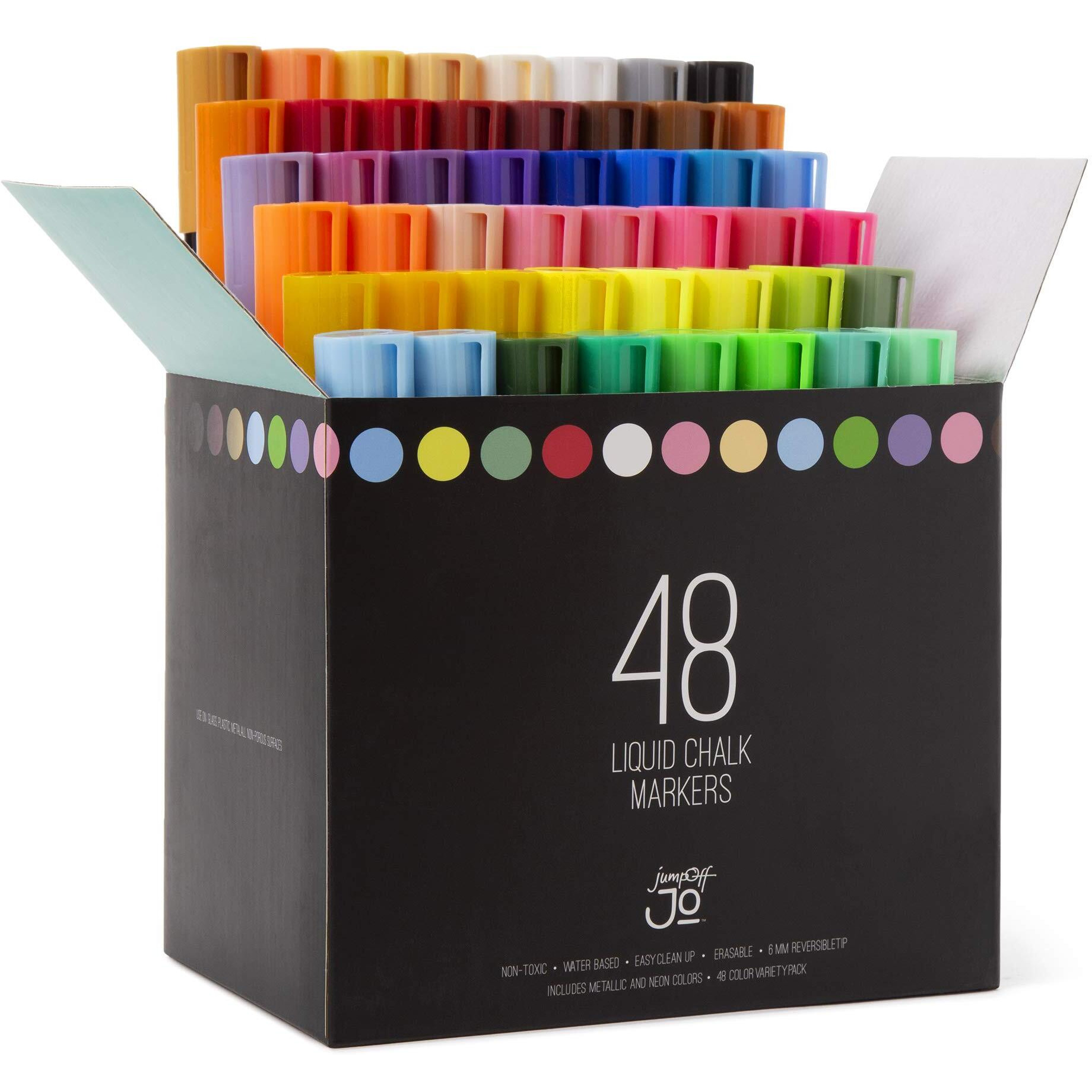 Jumpoff Jo - 48 Pack Of Liquid Chalk Markers - Reversible Chisel And Round Tip - Neon, Metallic, And White Included - Age 6+