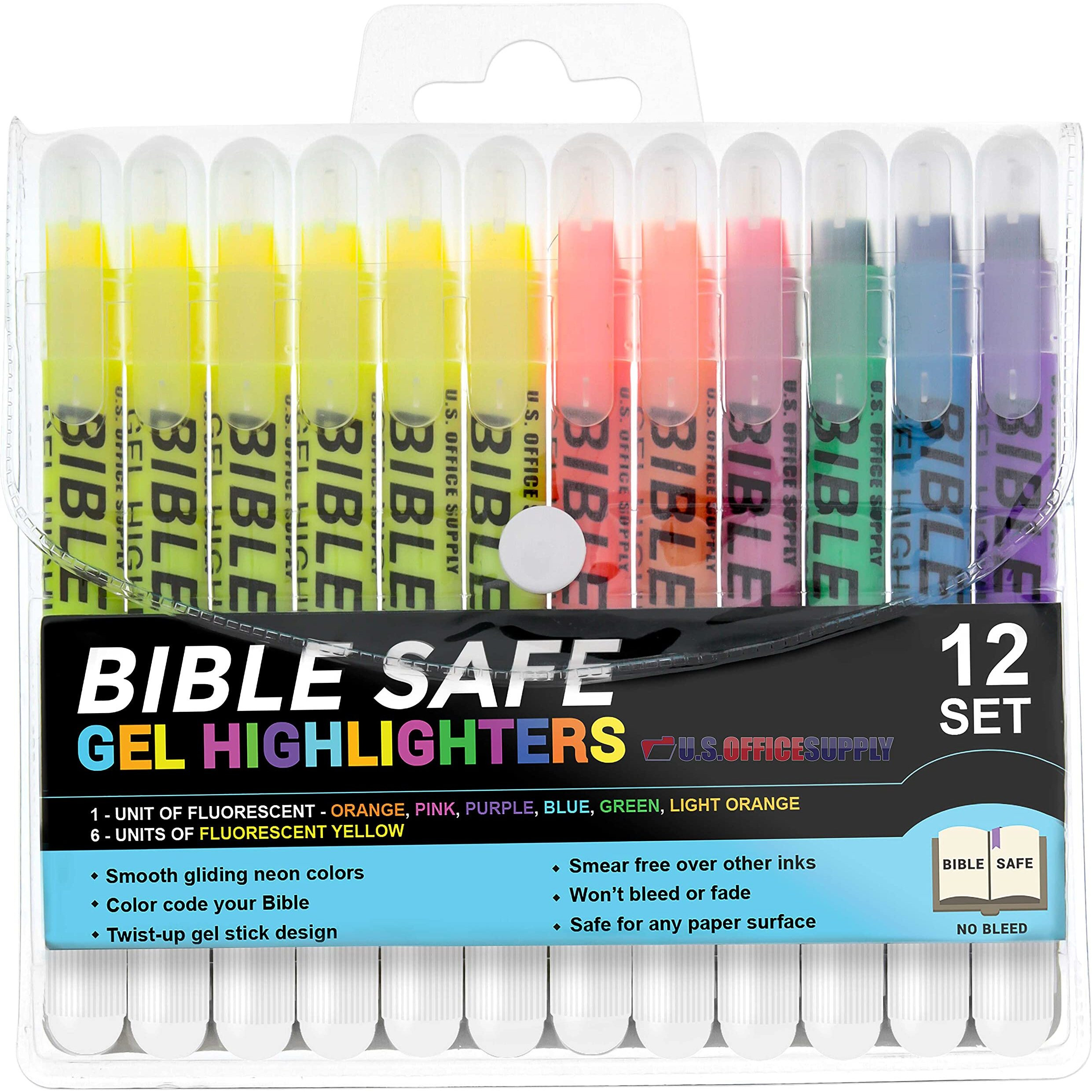 U.S. Office Supply Bible Safe Gel Highlighters, Pack Of 12 - Set With 6 Bright Neon Yellow Highlight Colors Plus 6 Colors, Orange, Pink, Purple, Green, Blue - Won'T Bleed, Fade Or Smear - Study Guide