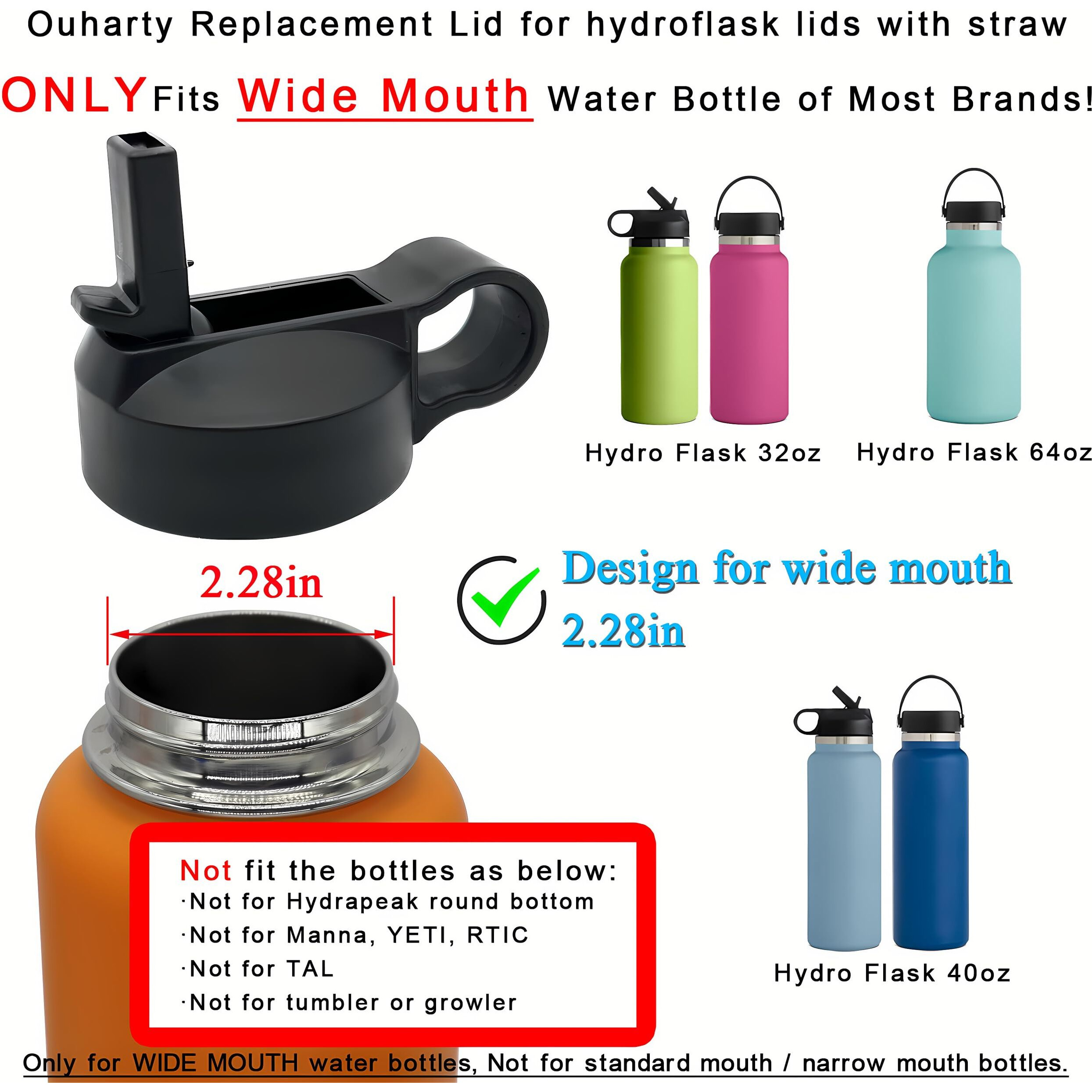 Ouharty Replacement Straw Lid For Hydroflask Wide Mouth Water Bottle, Top Lids With Straw For Hydro Flask Accessories, Replacement Straw Cap For Hydroflask 32 40 64 Oz Wide Mouth Bottle