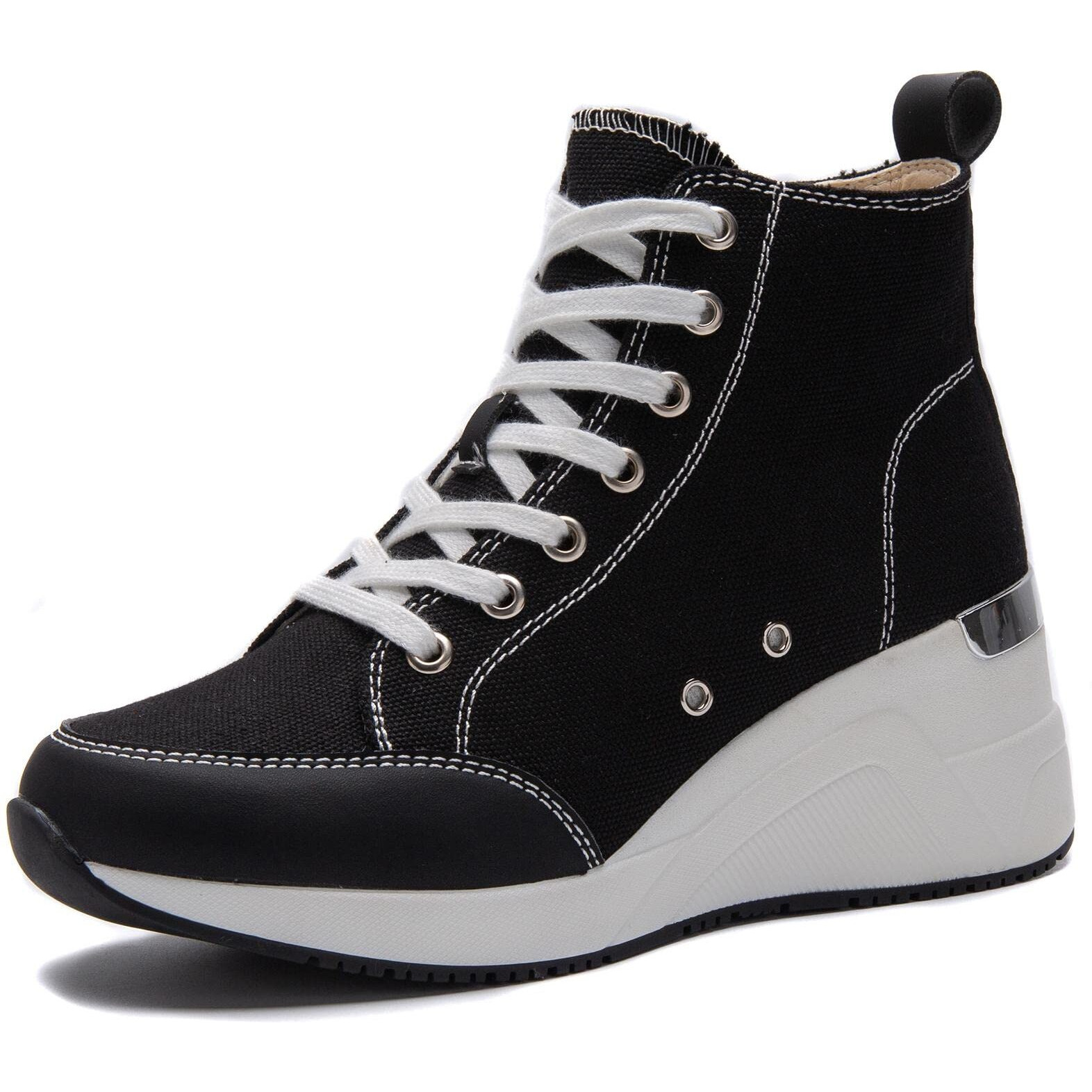 Black High Top Canvas Wedge Sneakers For Women Canvas Shoes Non-Slip Lace Up Platform Sneakers
