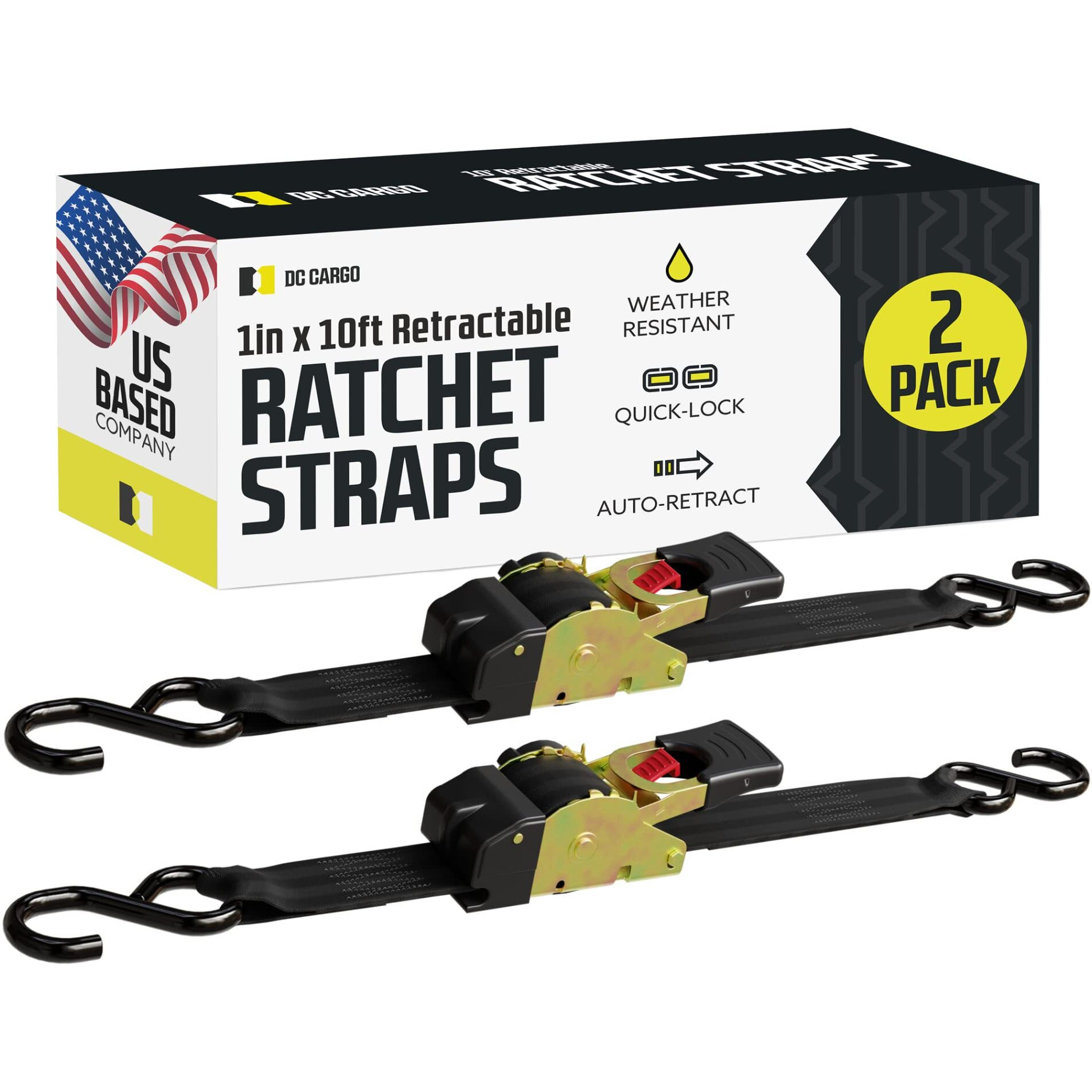 Dc Cargo - Auto Retracting Ratchet Straps (2 Pack 1 Inch X 10') - Heavy Duty Tie Down Retractable Ratchet Straps - Easy Self Contained Black Ratchet Strap Tie Downs For Trailers, Vehicles