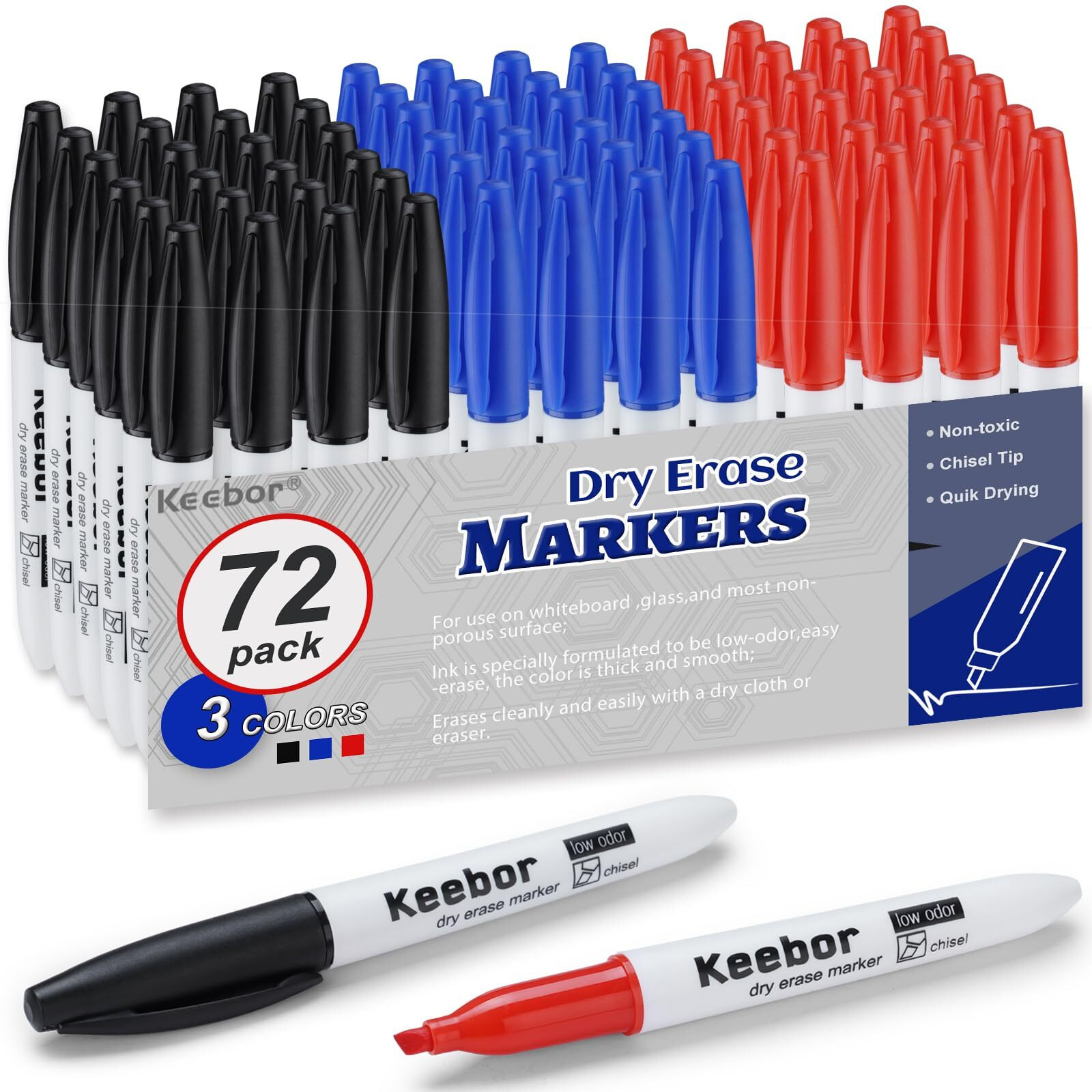 Keebor Basic Chisel Tip Dry Erase Markers, 3 Assorted Colors, Bulk Of 72 Pack White Board Markers, Office & School Supplies