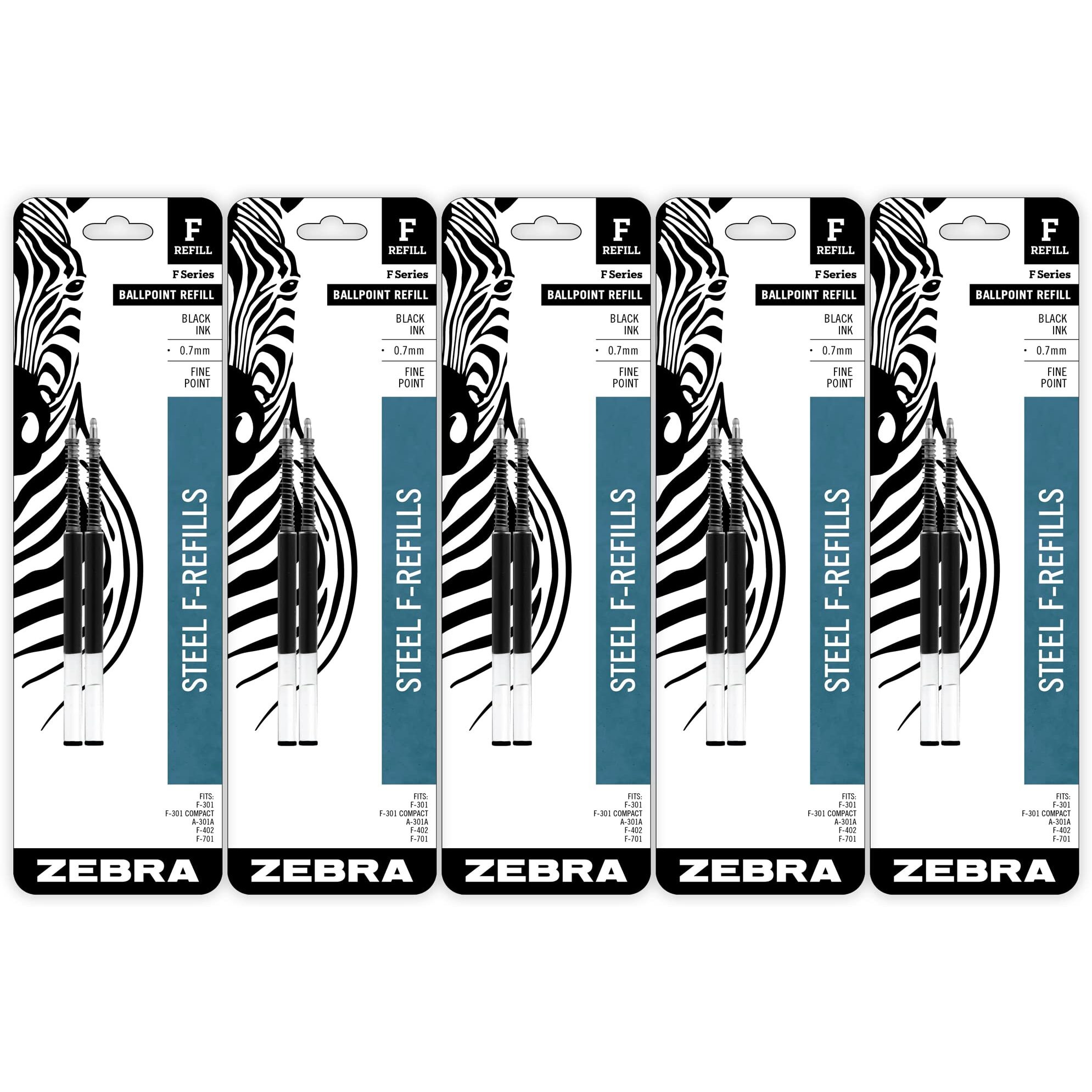 Zebra Pen F-Series Ballpoint Stainless Steel Pen Refill, Fine Point, 0.7Mm, Black Ink, 10-Pack, (50073)