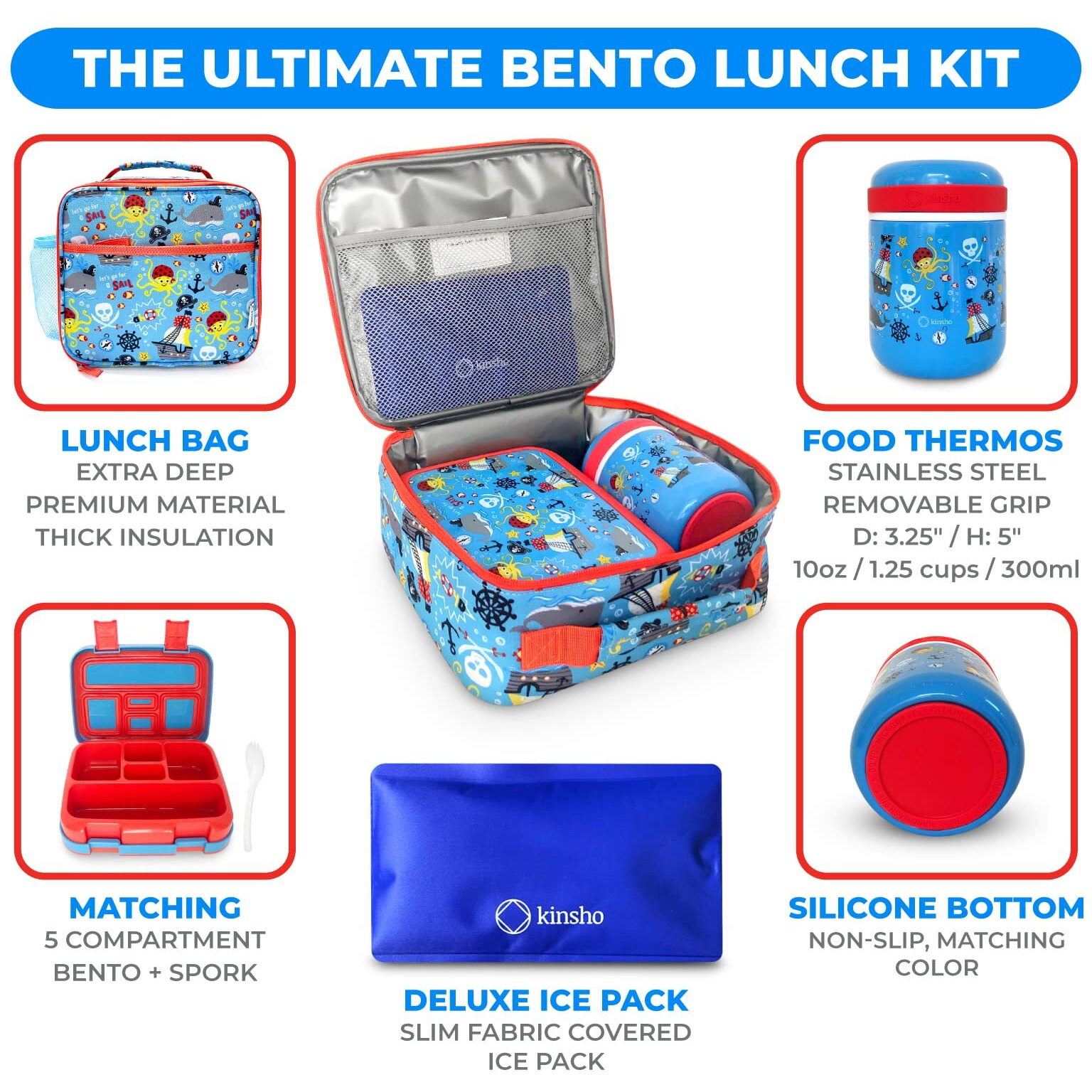Kinsho Bento Box, Lunch Bag, Thermal Food Jar Set For Kids Boys,5 Compartment Lunch-Box With Ice Pack And Utensil, Blue Pirates