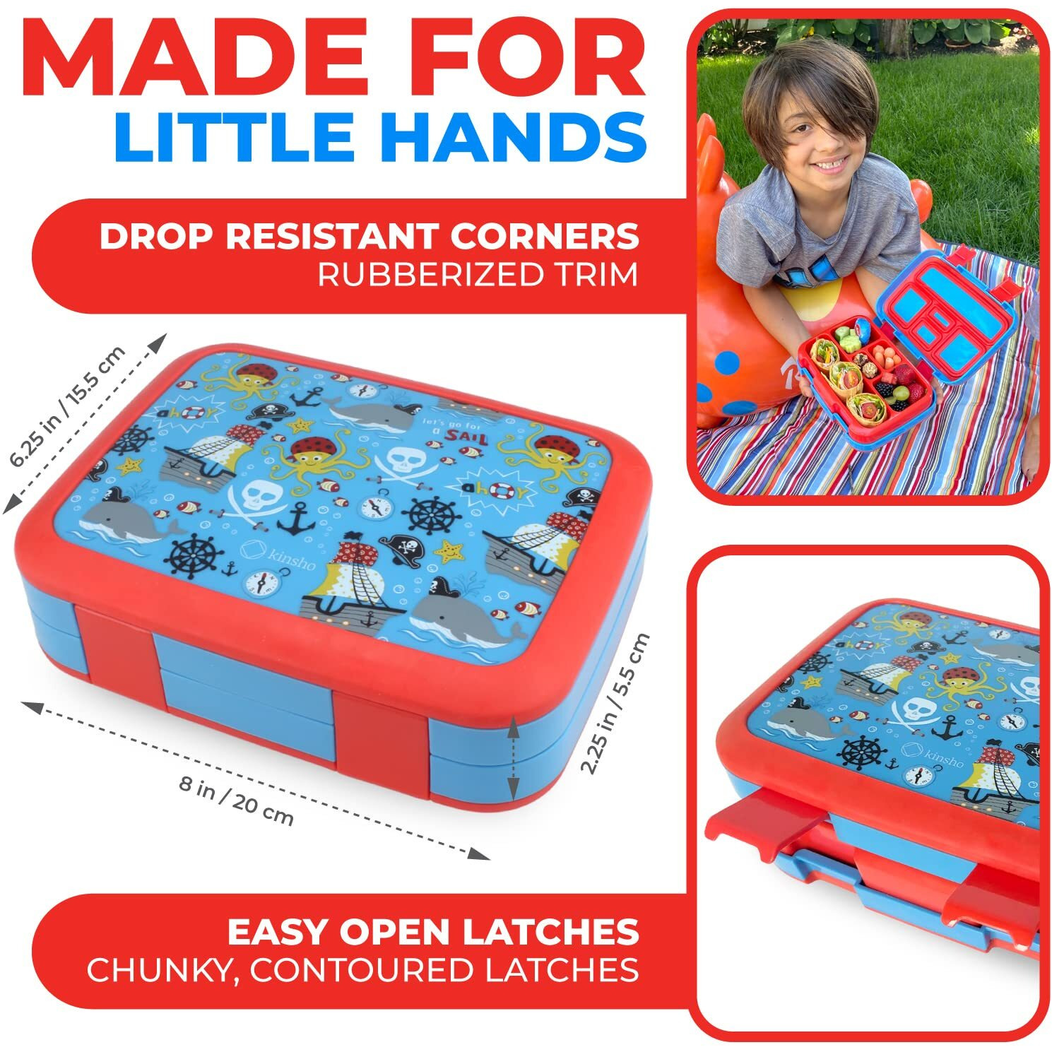 Kinsho Bento Box, Lunch Bag, Thermal Food Jar Set For Kids Boys,5 Compartment Lunch-Box With Ice Pack And Utensil, Blue Pirates