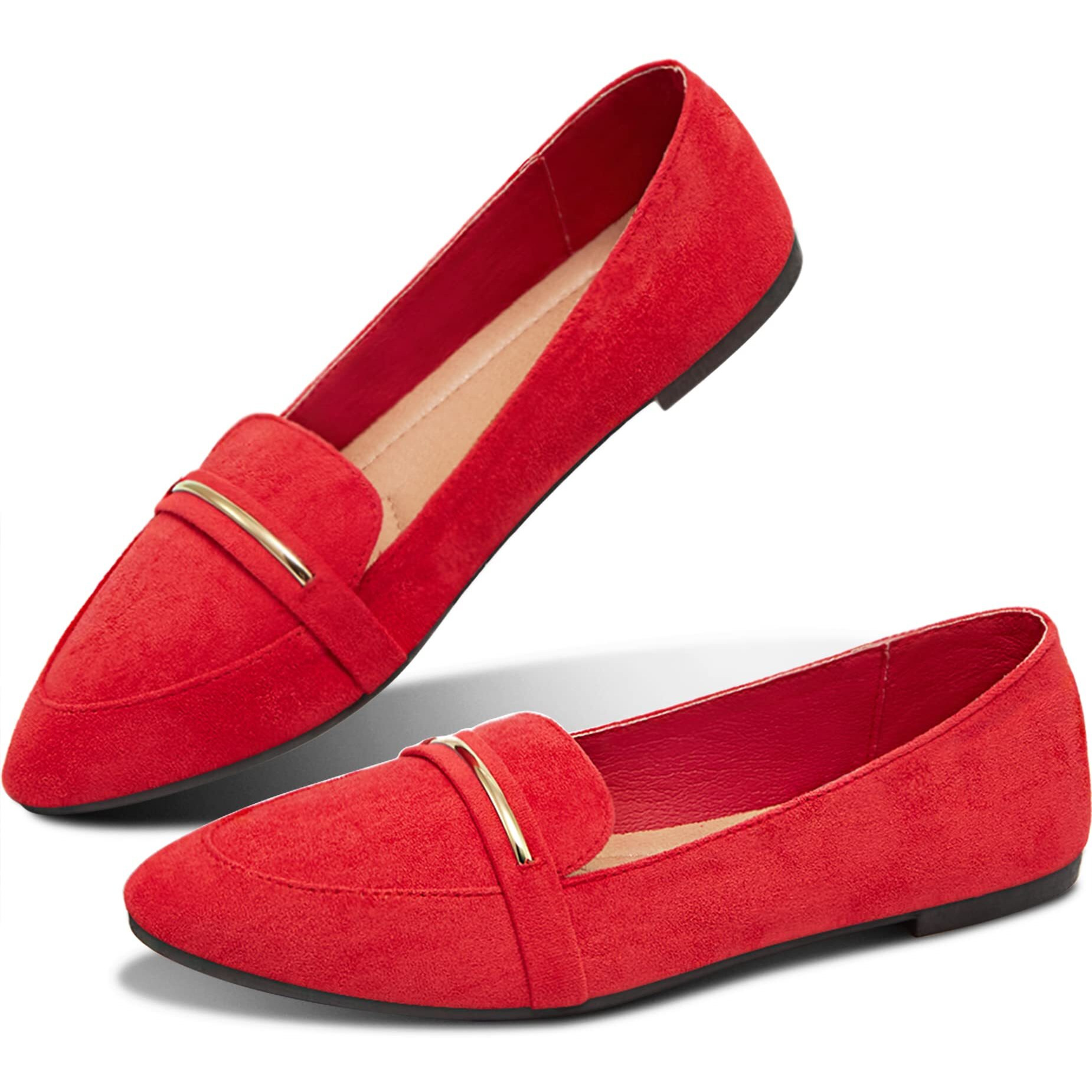 Women's Pointy Toe Loafer Flat Comfortable Faux Suede Work Shoes,Cute Penny Loafer Slip On Ballet Flat(Red Us8)