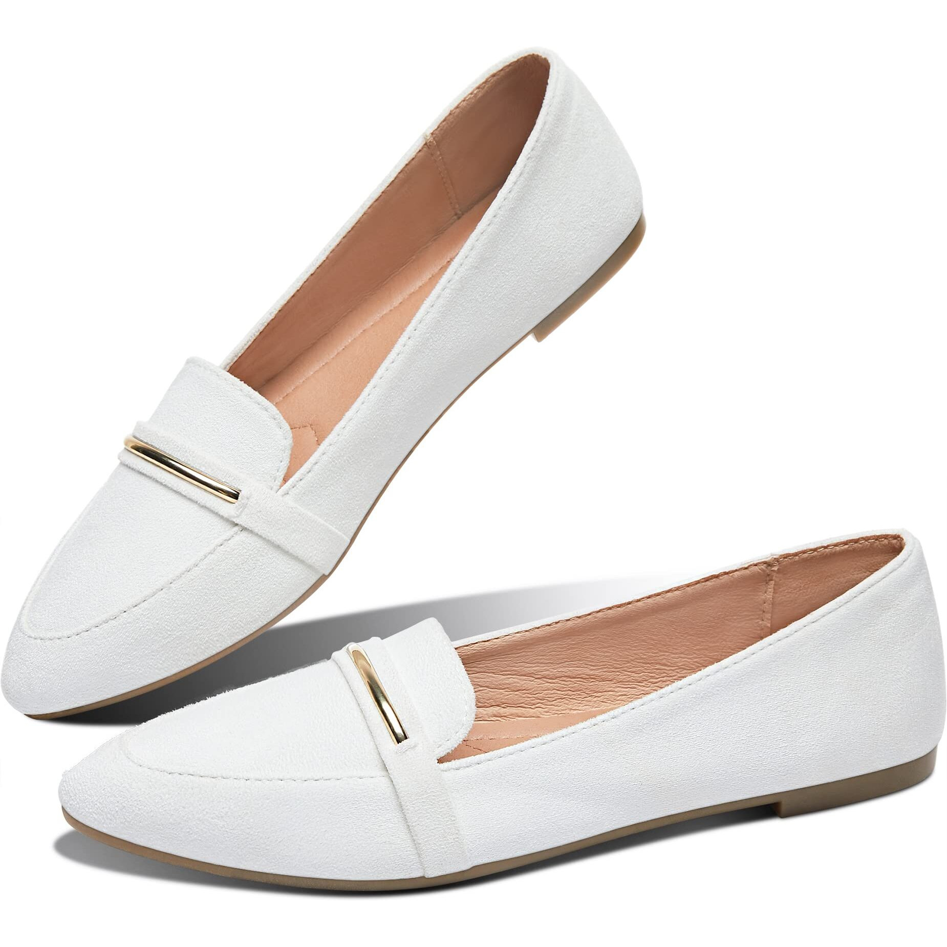 Obtaom Women's Pointy Toe Loafer Flat Comfortable Faux Suede Work Shoes,Cute Penny Loafer Slip On Ballet Flat(White Us9)