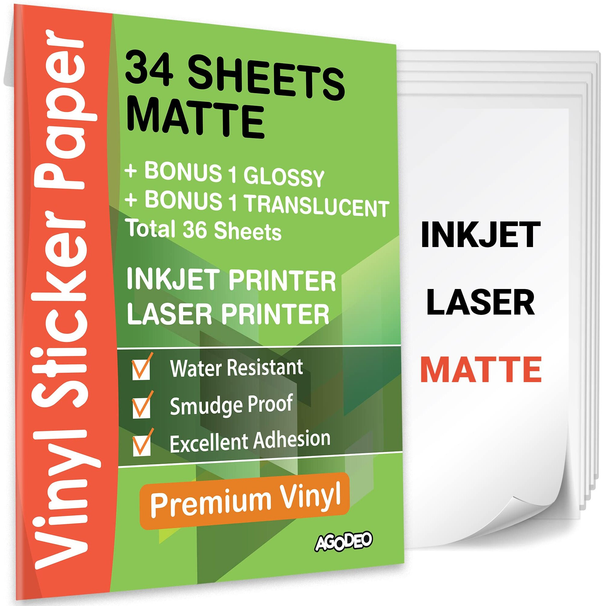 Premium Printable Vinyl Sticker Paper For Inkjet & Laser Printer - 34 Sheets Self-Adhesive Sheets Matte White Waterproof, Dries Quickly Vivid Colors, Holds Ink Well- Tear Resistant