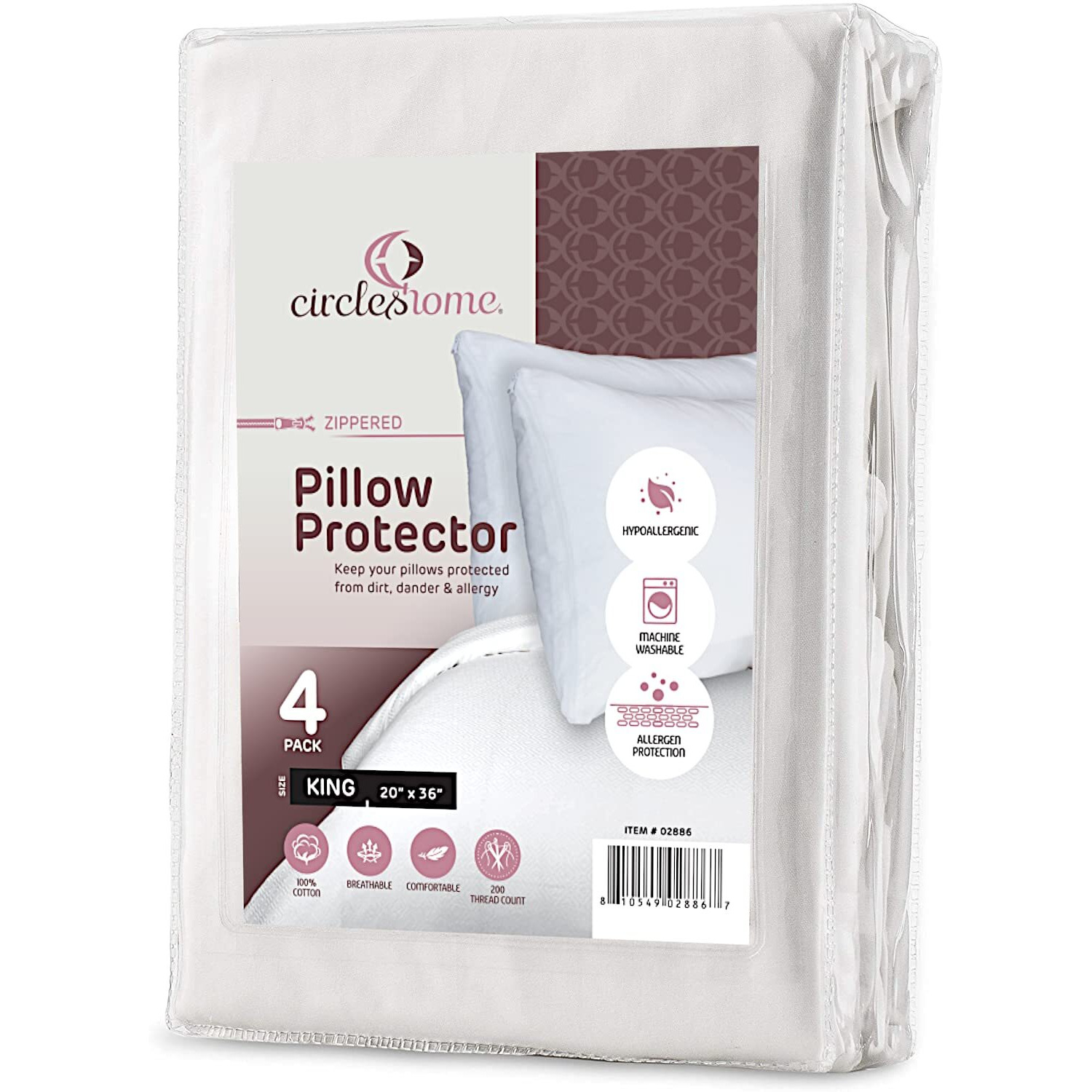 Zippered Pillow Protectors 4 Pack - 100% Cotton Breathable Pillow Covers - Protects From Dirt, Dust, And Debris (King - Set Of 4 - 20X36)