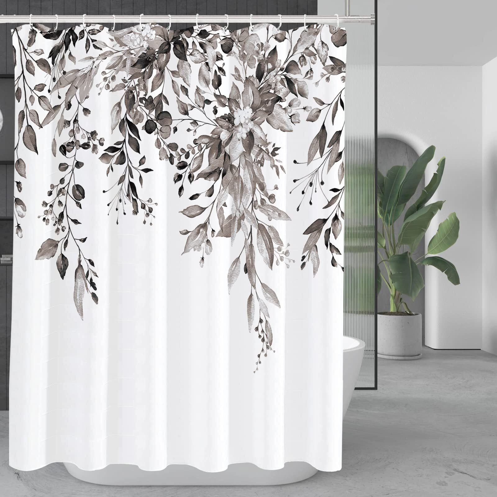 Tititex Black Eucalyptus Shower Curtain, Watercolor Brown Grey Leaves On The Top Plant With Floral Bathroom Decoration Shower Curtain Sets 72X72 Inch With Hooks