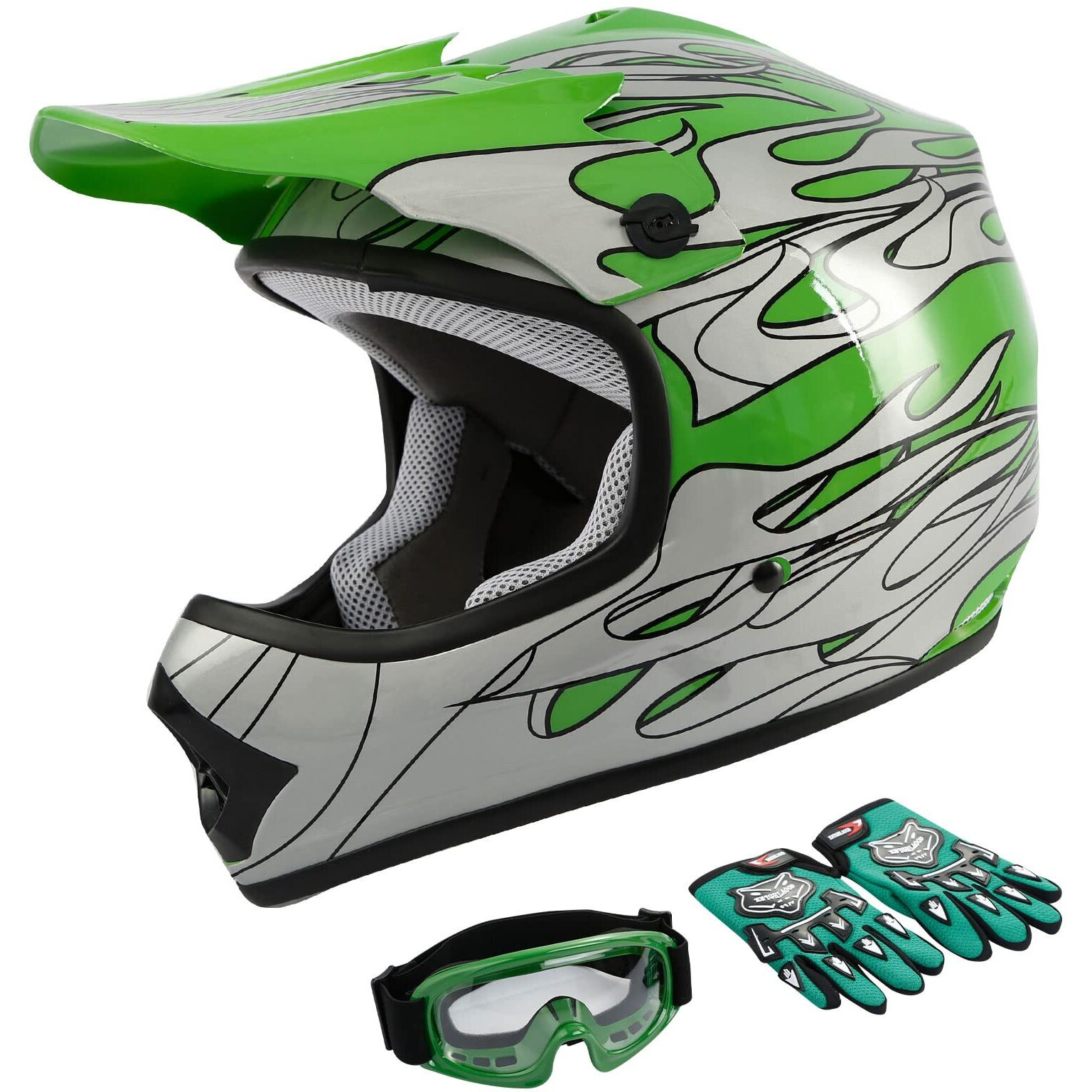 Tct-Motorparts Dot Helmet W Goggles+Gloves Youth Kids Motocross Green Flame Dirt Bike Helmet Atv Offroad Helmets+Gloves Goggles S-Xl (M)