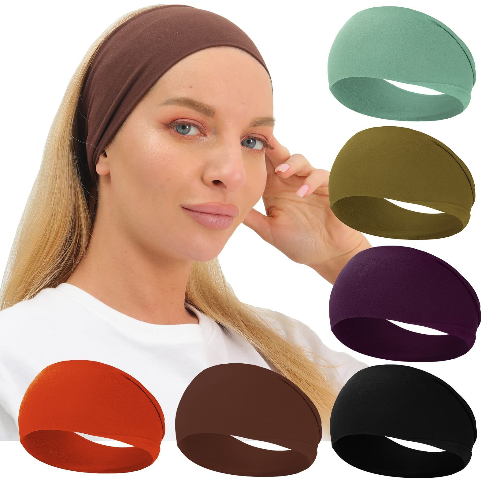 Ritoper Women's Extra Soft Wide Thick Yoga Headbands, Non Slip Sweat Bands, 6 Pack Solid Hair Bands, Black, Tennis, Yoga, Running