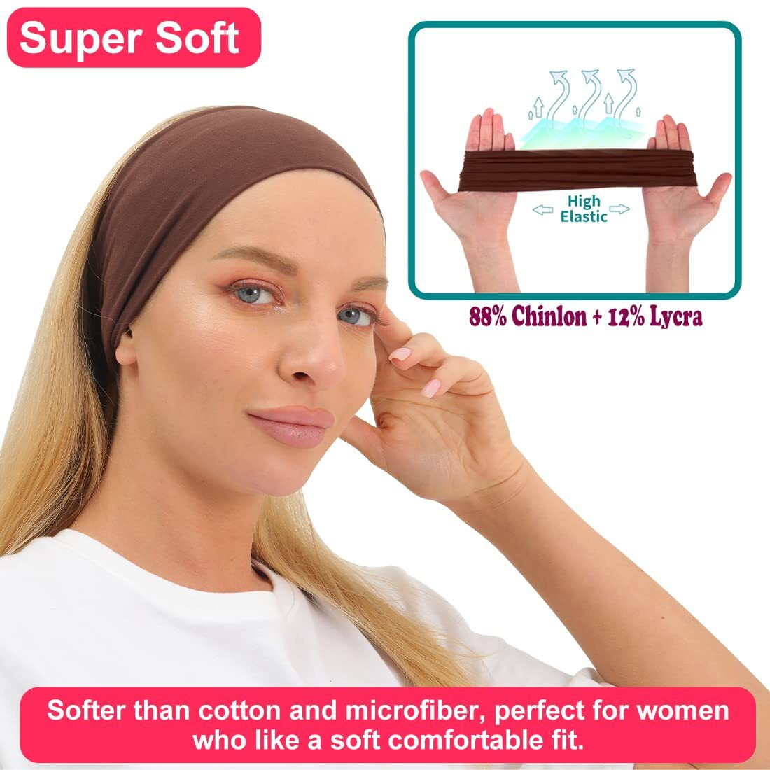 Ritoper Women's Extra Soft Wide Thick Yoga Headbands, Non Slip Sweat Bands, 6 Pack Solid Hair Bands, Black, Tennis, Yoga, Running