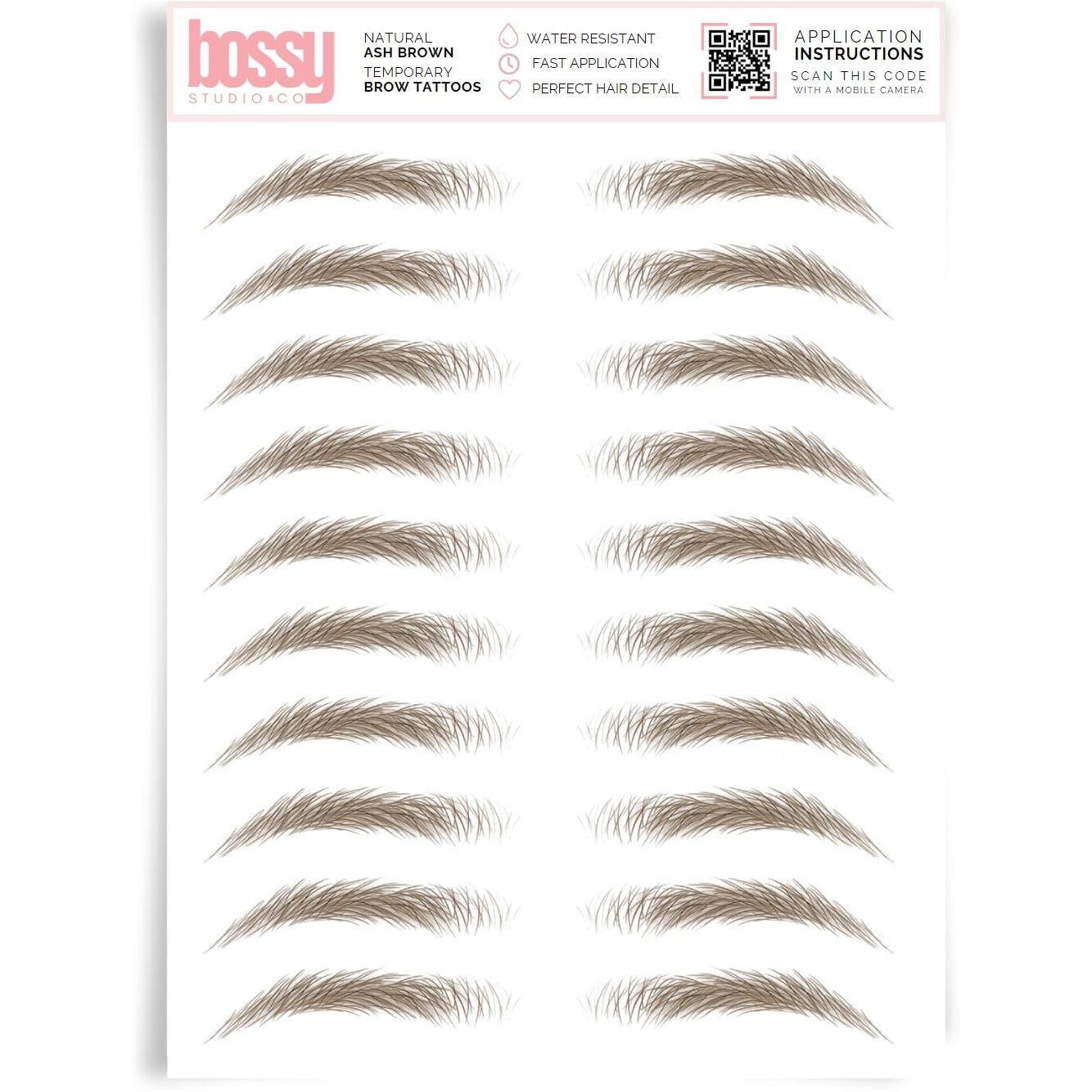Brows By Bossy Studio & Co Temporary Eyebrow Tattoos Waterproof Eyebrow Stickers, False Tattoos Hair Like Peel Off Instant Transfer Brow Natural Ash Brown