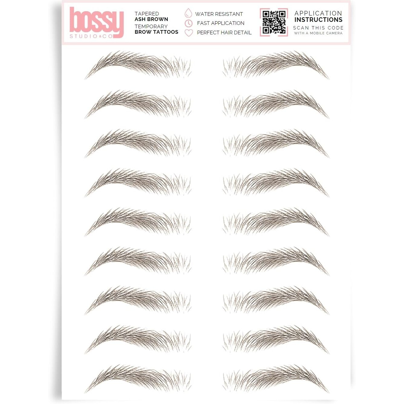 Brows By Bossy Studio & Co Temporary Eyebrow Tattoos Waterproof Eyebrow Stickers, False Tattoos Hair Like Peel Off Instant Transfer Brow Tapered Ash Brown