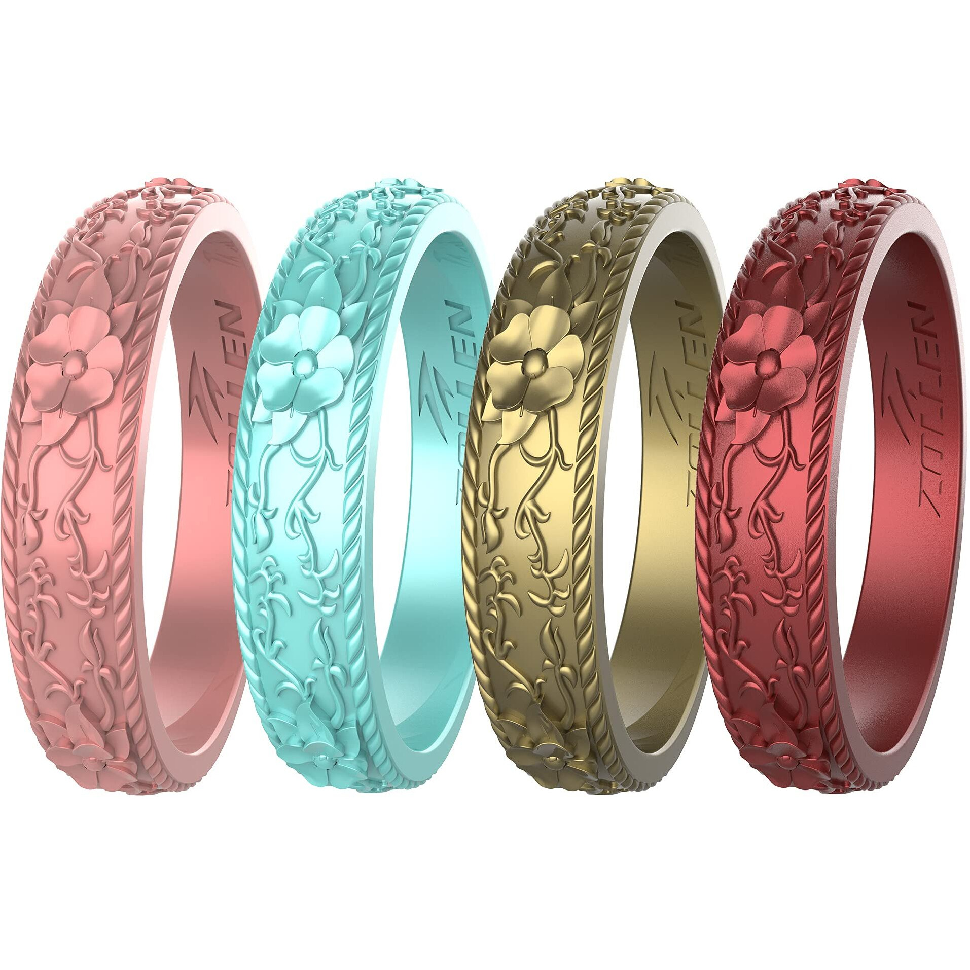 Zollen Silicone Wedding Rings For Women 4 Packs -Stackable Silicone Rubber Wedding Bands - Innovative Flower & Vine Collection, Size 5