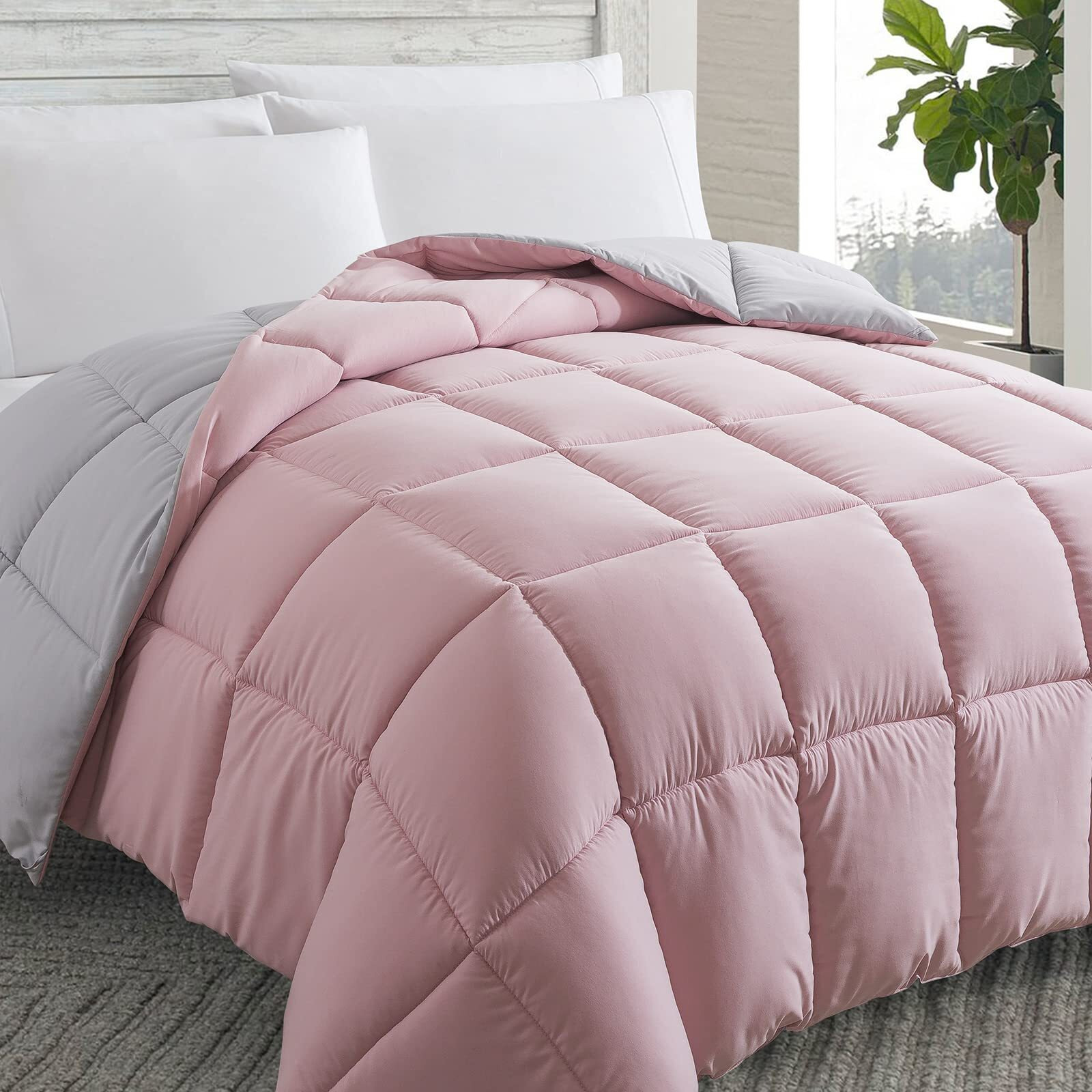 Cosybay Down Alternative Comforter (Pink/Light Grey, Twin) - All Season Soft Quilted Twin Size Bed Comforter - Duvet Insert With Corner Tabs - Winter Summer Warm Fluffy, 64X88 Inches