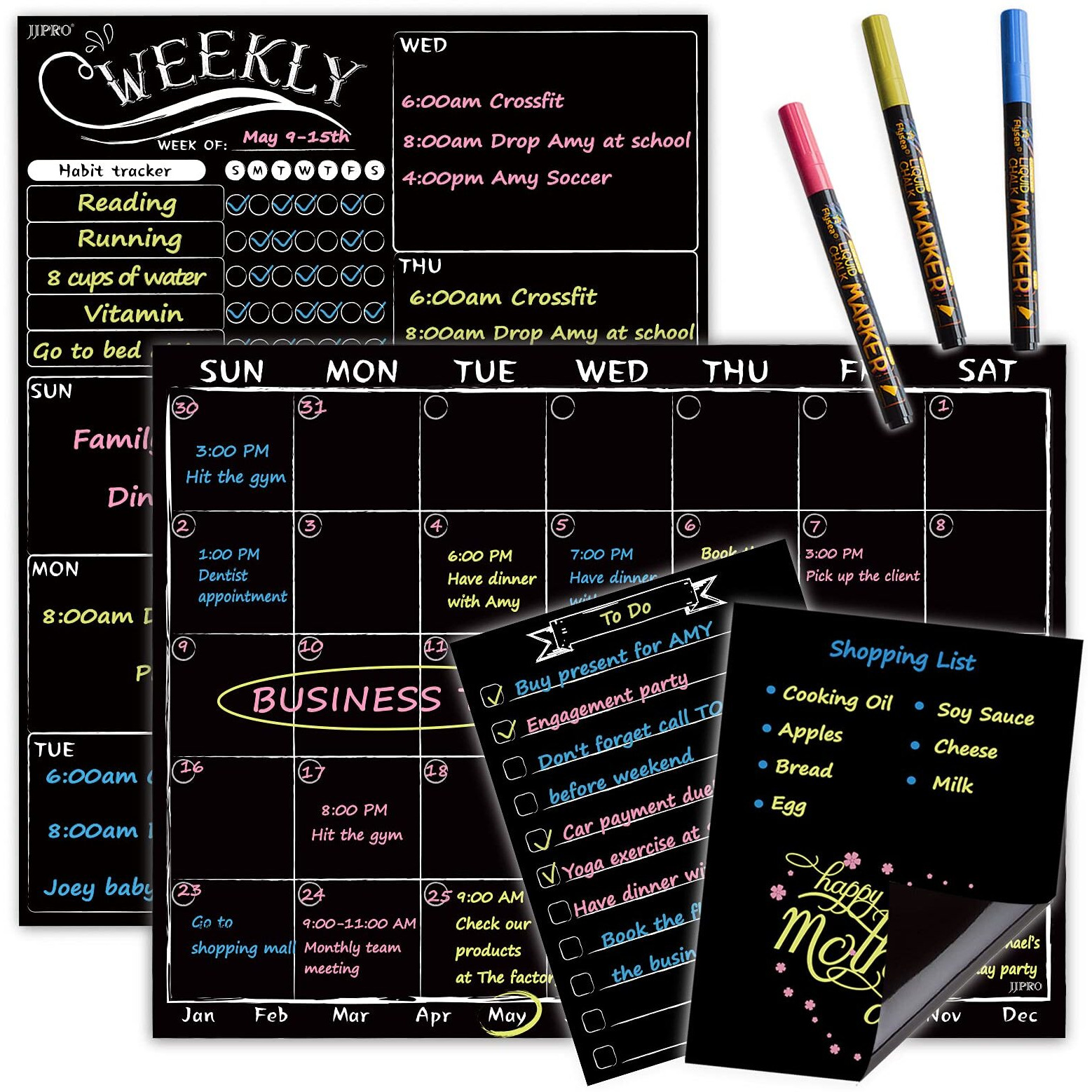 Jjpro Magnetic Chalkboard Monthly Calendar - Weekly Planner Blackboard Combo Set W/Neon Bright Liquid Chalk Markers - Bonus Grocery List And Notepad Blackboard For Refrigerator Included