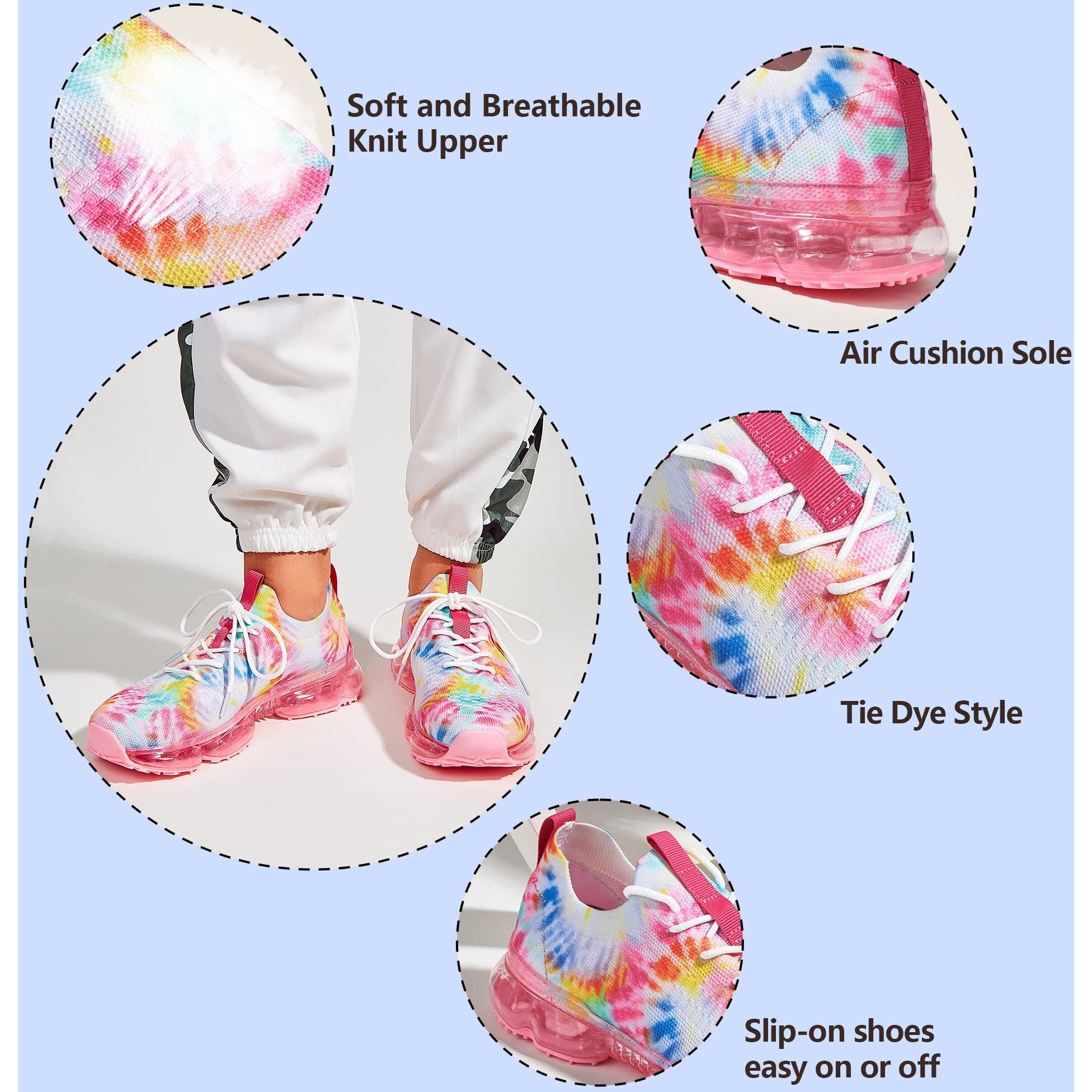 Lucky Step Women Air Cushion Fashion Sneakers Breathable Casual Comfortable Lightweight Walking Shoes (Pink Tie Die,6B(M) Us)