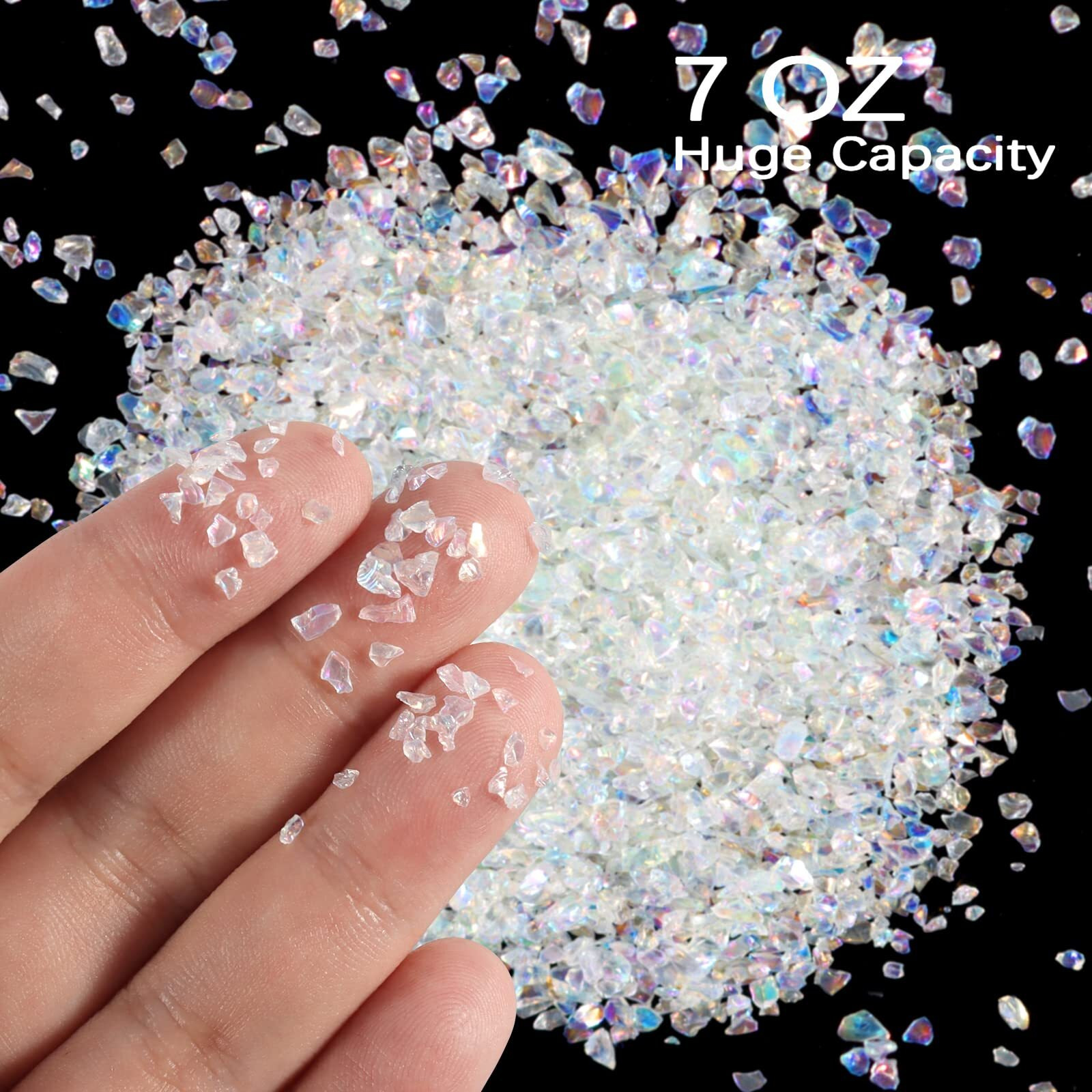 Renfio Broken Crushed Glass Glitter Shards 2-4Mm Irregular Small Metallic Chunky Chips 7 Oz (200G) High Luster Craft Sequin Gravel For Diy Phone Case Geode Resin Art Coasters Ornament - Colorful White