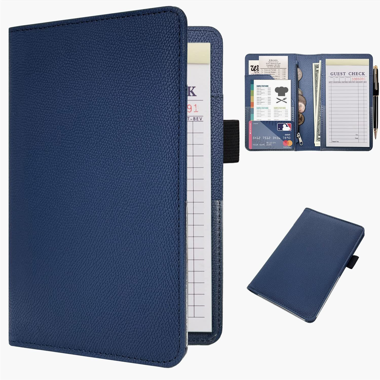 Rsaquar Server Book Organizer With Zipper Pocket, Pu Leather Restaurant Guest Check Presenters Card Holder For Waitress, Waiter, Bartender, Dark Blue