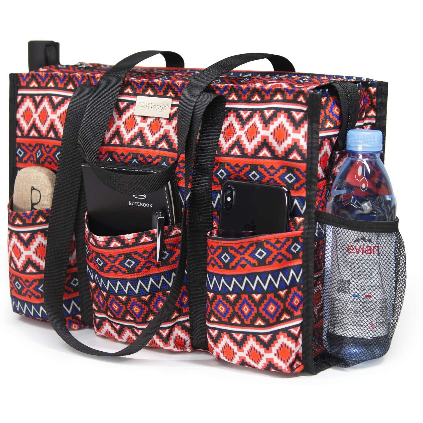 Topdesign Utility Water Resistant Tote Bag With 13 Exterior & Interior Pockets, Top Zipper Closure & Thick Bottom Support, For Working Women, Teachers, Nurses, Accountants (Bohemia)