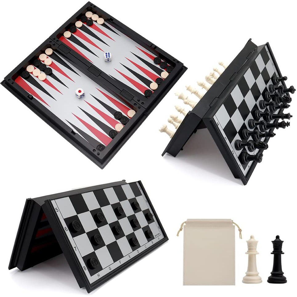 Kaile 10" Magnetic Chess Sets - 3 In 1 Travel Chess Checkers Backgammon Set With Folding Case - Portable Elastic Bag