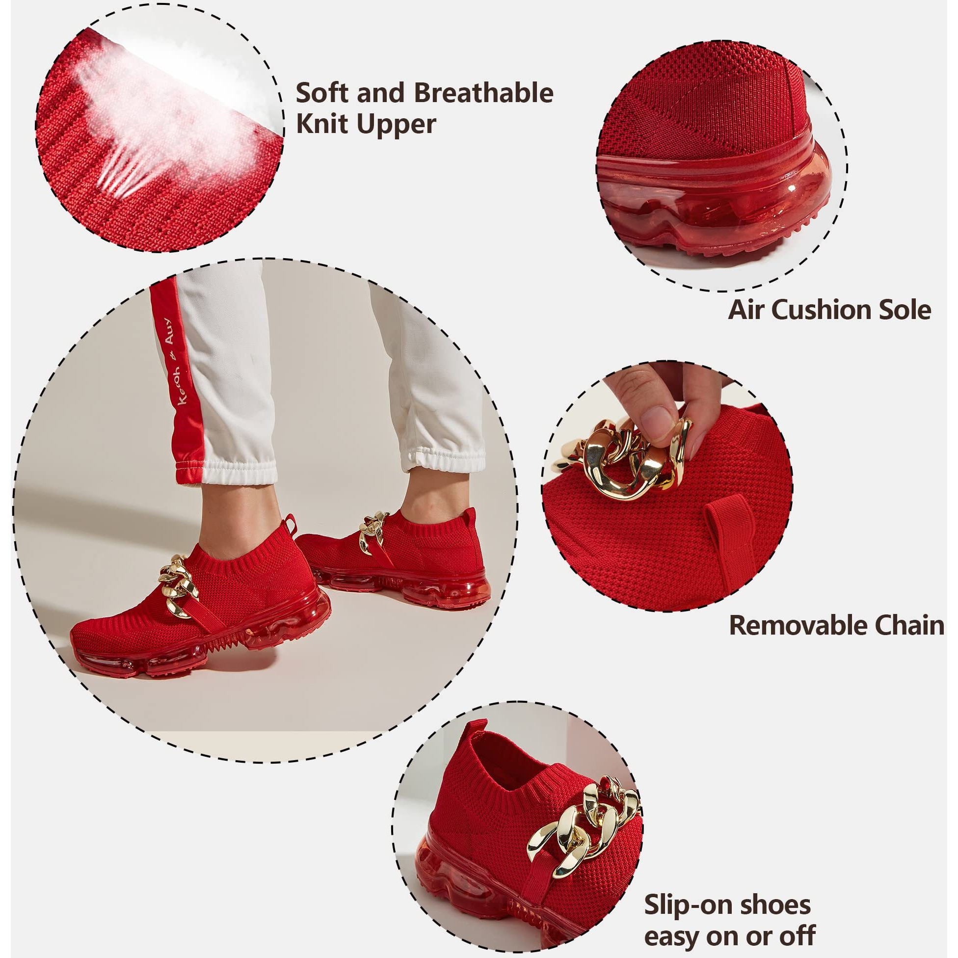 Lucky Step Women Air Cushion Fashion Sneakers Breathable Casual Comfortable Lightweight Walking Shoes (Red Chain,7B(M) Us)