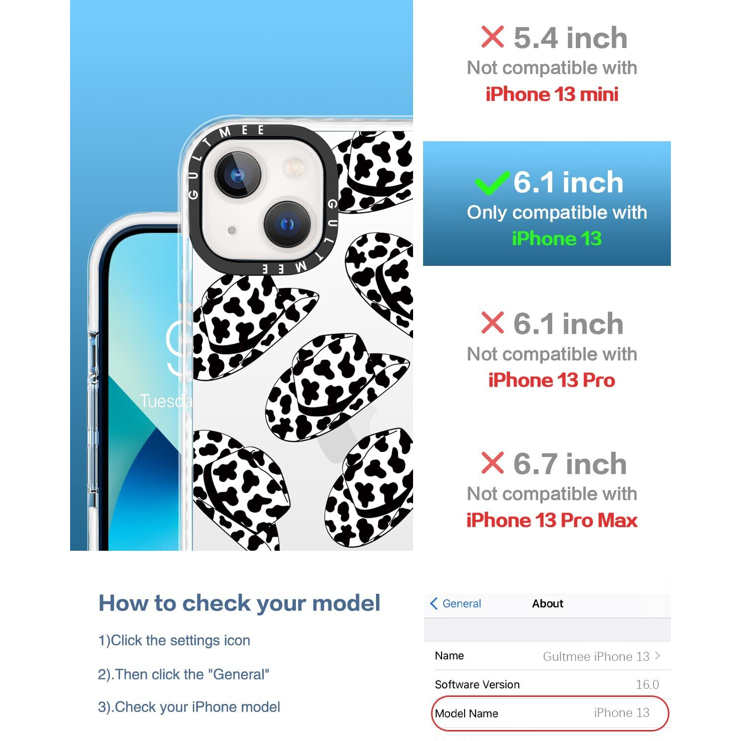 Gultmee [3 In 1 For Iphone 13 Case 6.1 Inch,With Tempered Glass Screen Protector + Camera Lens Protector Cowgirl Hat Slim Design With Shockproof Pc Bumper Protective Cover Case For Women Girls