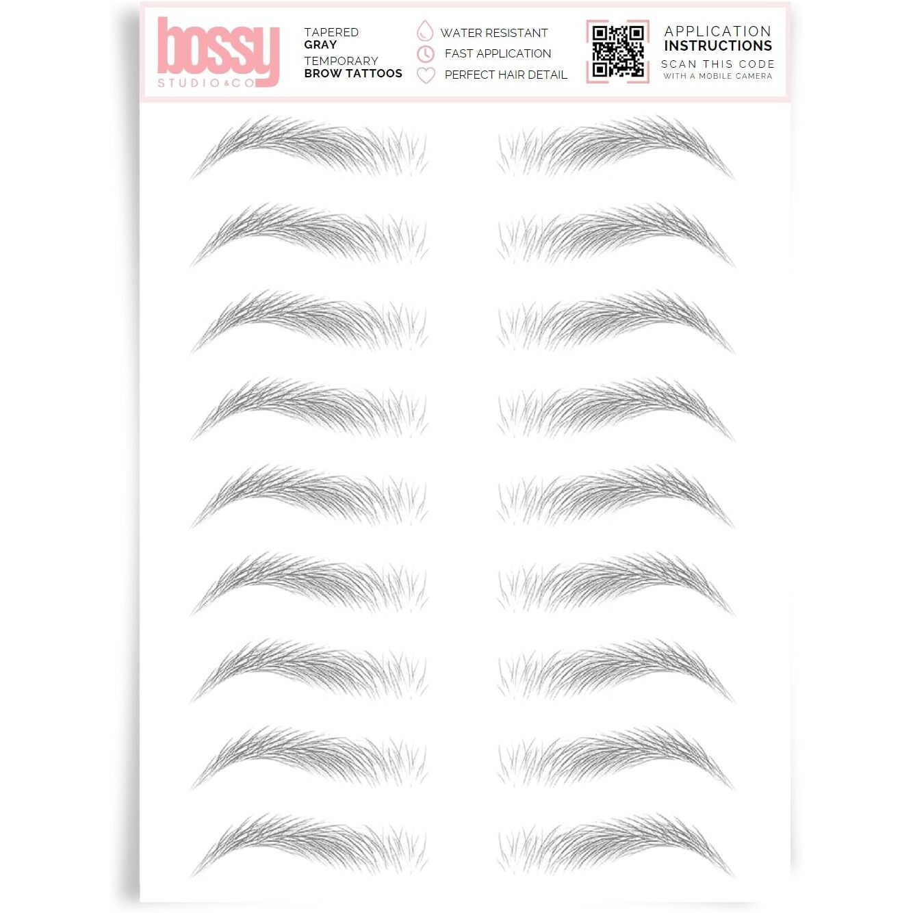 Brows By Bossy Studio & Co Temporary Eyebrow Tattoos Waterproof Eyebrow Stickers, False Tattoos Hair Like Peel Off Instant Transfer Brow Tapered Gray
