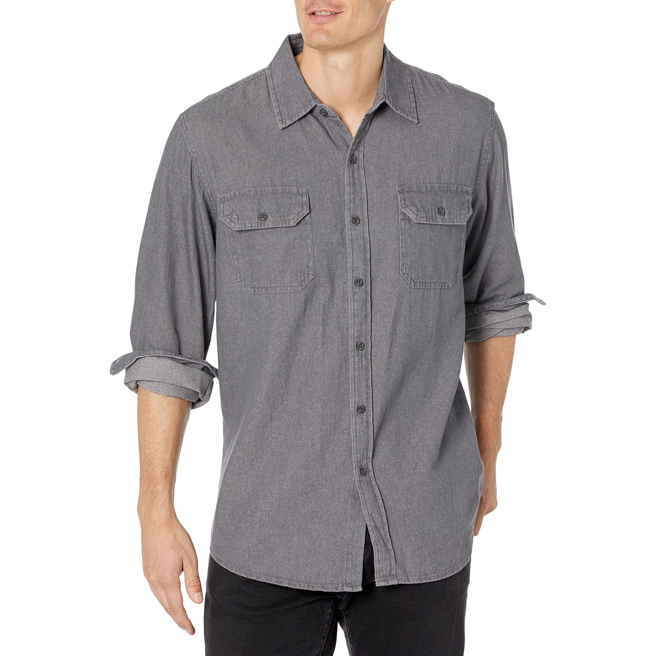 Wrangler Authentics Mens Long Sleeve Classic Woven Button Down Shirts, Grey, X-Large Us