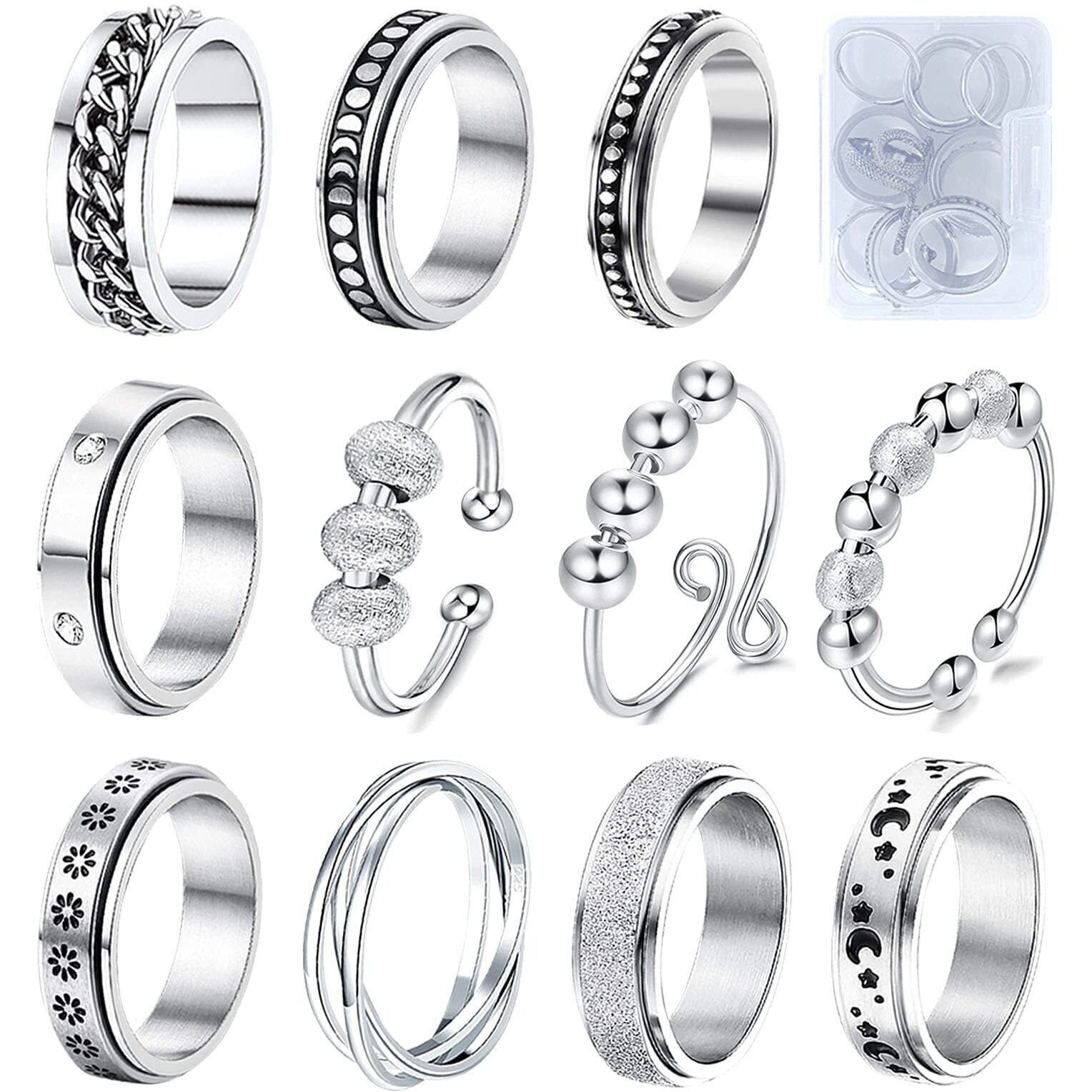 Mucal Fidget Rings For Anxiety 8Pcs Stainless Steel Spinner Ring Anti Anxiety Ring Spinning Moon Star Cool Stress Relieveing Rings For Women Men, Fidget Rings With Beads
