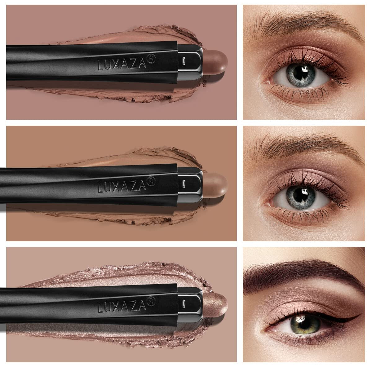 Luxaza 3Pcs Neutral Brown Eyeshadow Stick Set, Matte And Shimmer Creamy Eyeshadow Pencil, Shiny Pink Shadow, Waterproof Long Lasting Smoky Eye Makeup