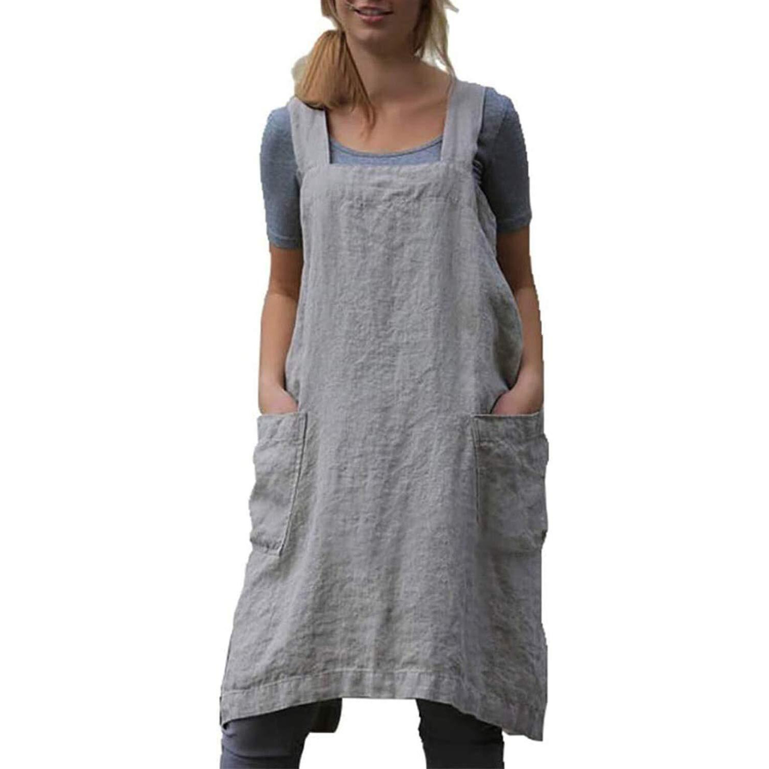Vlzufe Cotton Linen Apron For Women Cross Back Apron Pinafore Dress For Baking Cooking Gardening Work