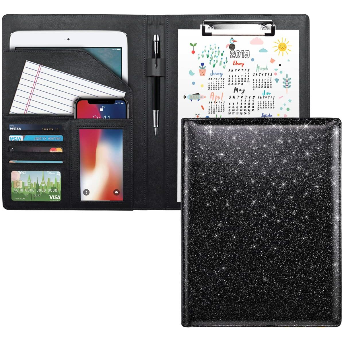 Waveyu Glitter Portfolio Case, Bling Padfolio Cover For Women, Conference/Resume/Legal Document Organizer With Letter/A4 Size Clipboard Hardboard, Business Card Holders, Black
