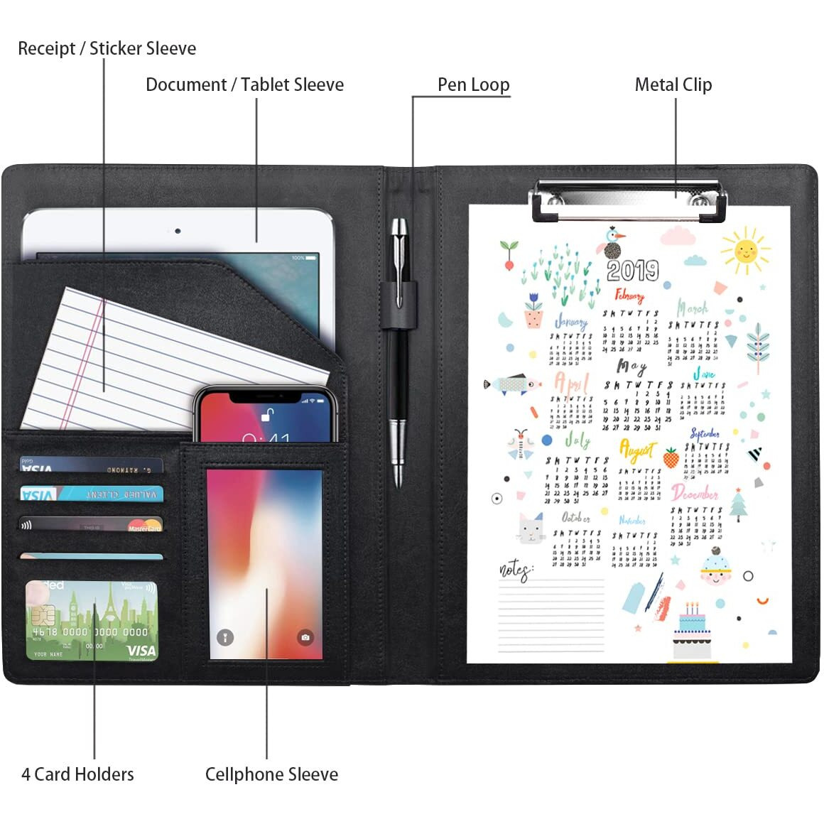 Waveyu Glitter Portfolio Case, Bling Padfolio Cover For Women, Conference/Resume/Legal Document Organizer With Letter/A4 Size Clipboard Hardboard, Business Card Holders, Black