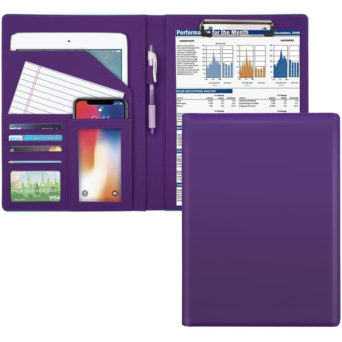 Waveyu Resume Portfolio Folder, Padfolio Clipboard, Writing Portfolio Leather Clipboard With Cover For Legal Pad Holder Letter Size A4 For Business Conference Notepad Clip Boards, Purple