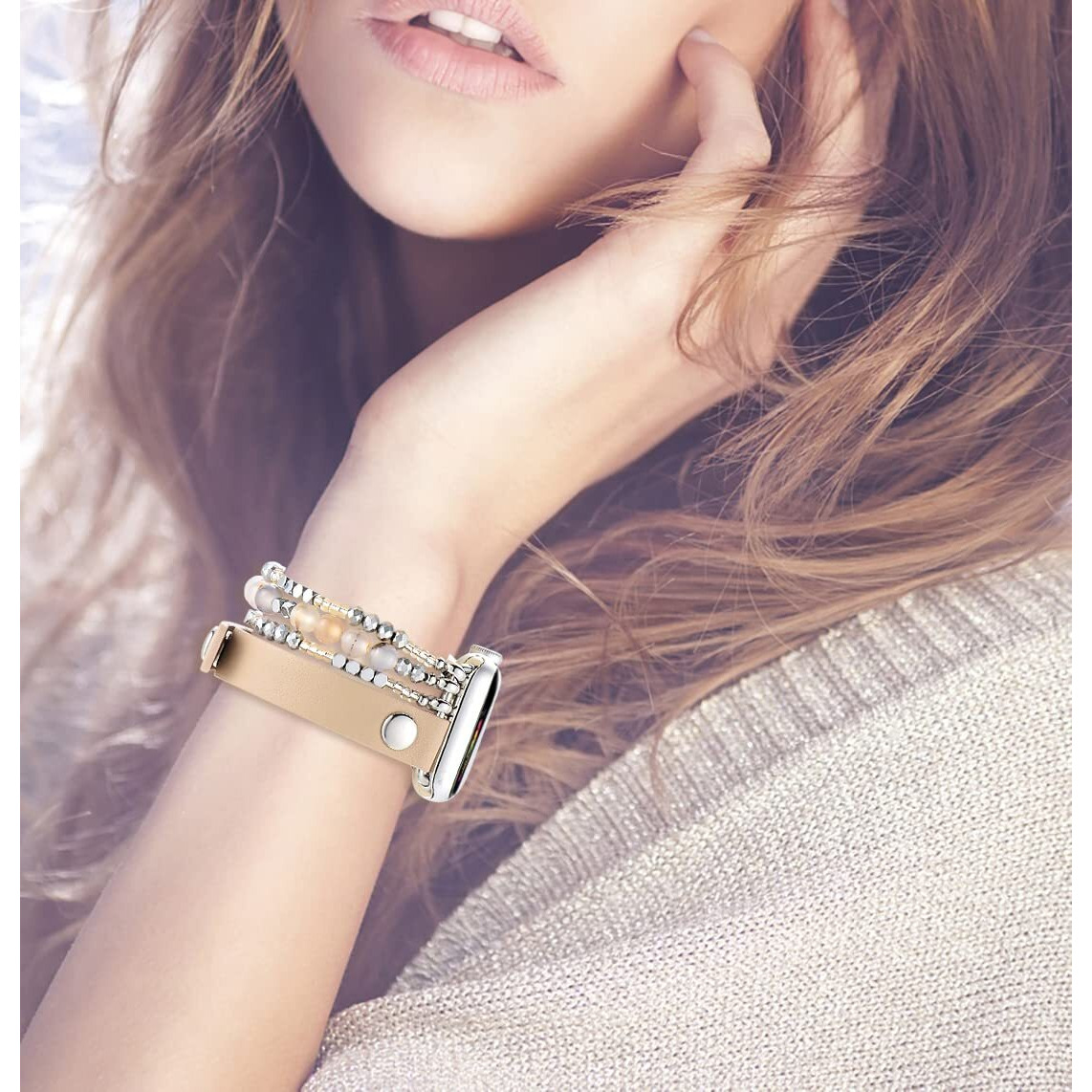 Fastgo Bracelet Band Compatible With Apple Watch 40Mm 38Mm 41Mm Women, Dressy Elastic Beaded Leather Strap For Iwatch Se&Series 9 Ultra 8 7 6 5 4 3 2 1(Beige/Starlight,38/40/41Mm)