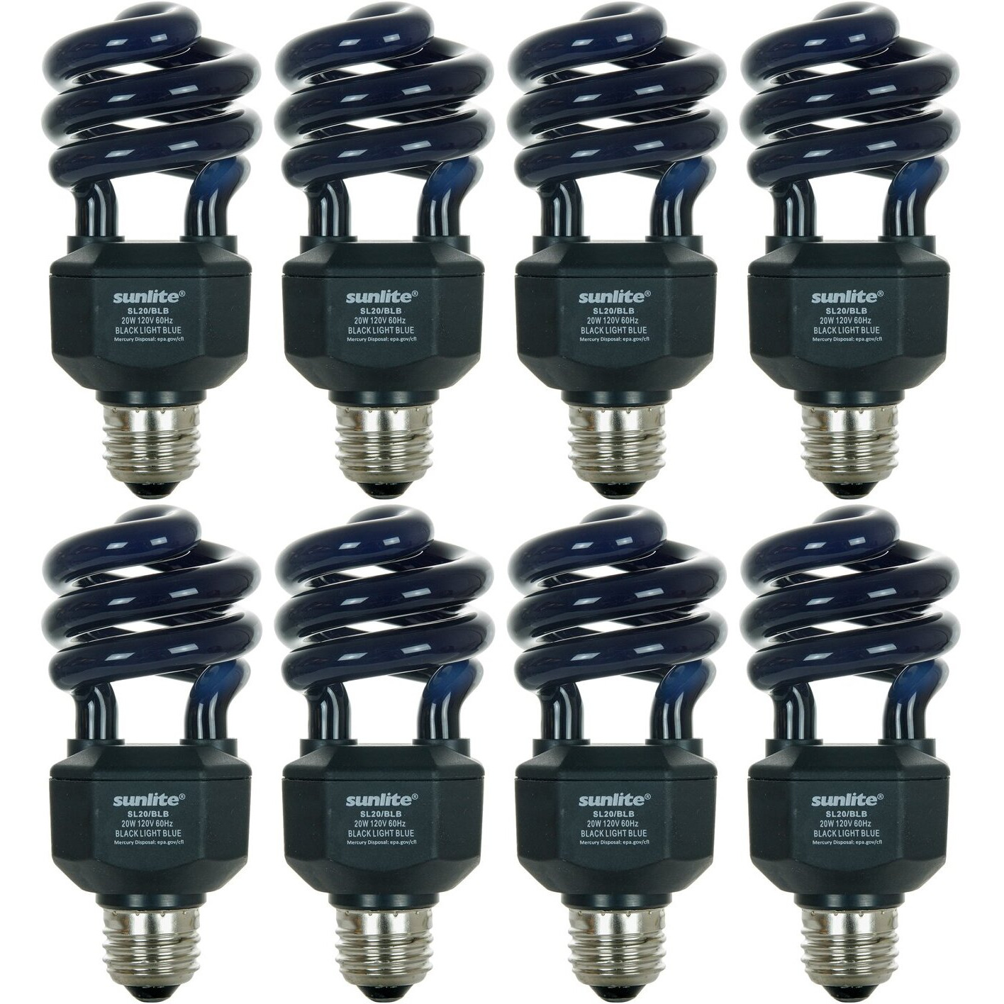 Sunlite 05647-Su Cfl Black Light Bulb (Blb), Perfect For Halloween, Spiral Blacklight, 20 Watts, 120 Volts, Medium Base (E26), 463Nm, Ul Listed, 8 Pack, 8 Count