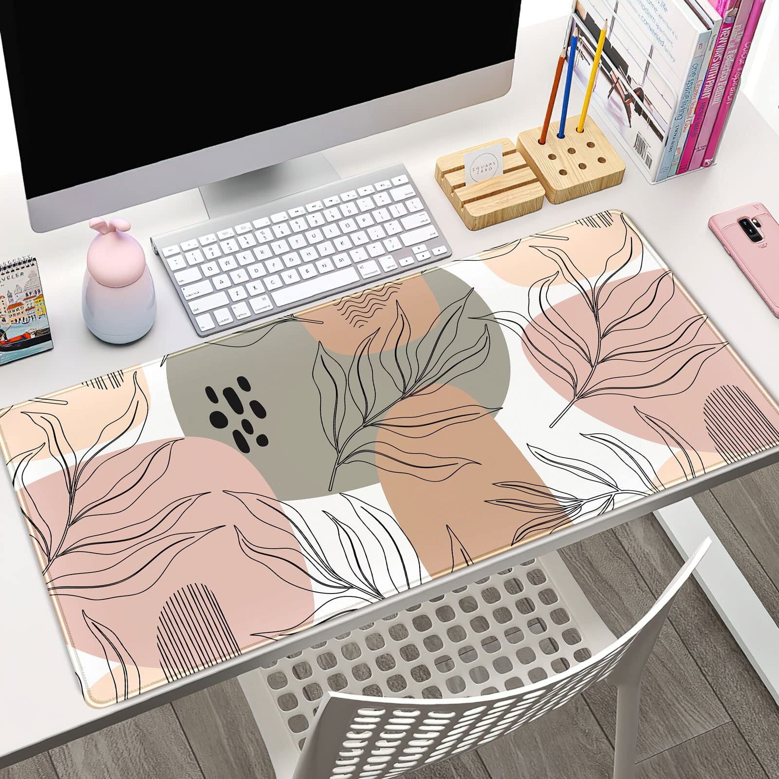 Desk Mat Abstract Boho Large Mouse Pad, Brown Grey Pink Aesthetic Xl Mouse Pad Extended Full Desk Gaming Mousepad Xxl Long Keyboard Mouse Mat Desk Pad 31.5''X15.7'' Desk Accessories For Women Girls