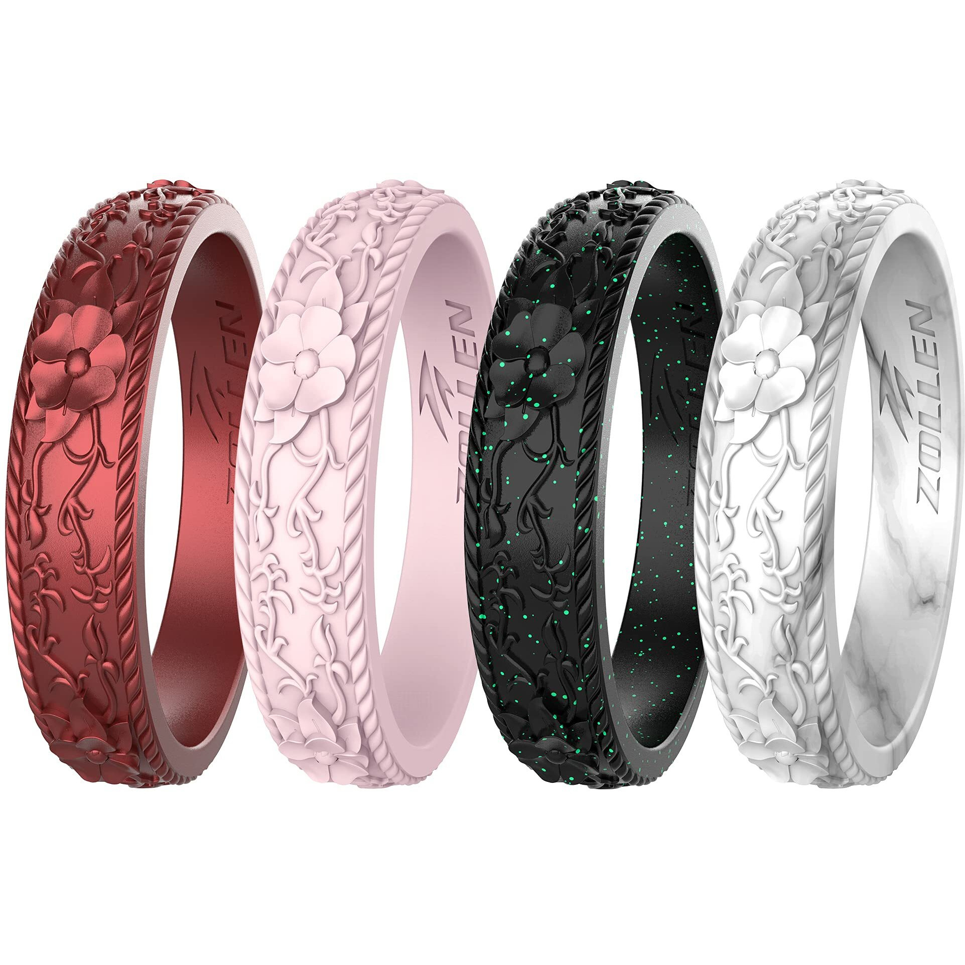 Zollen Silicone Wedding Rings For Women 4 Packs -Stackable Silicone Rubber Wedding Bands - Innovative Flower & Vine Collection, Size 10