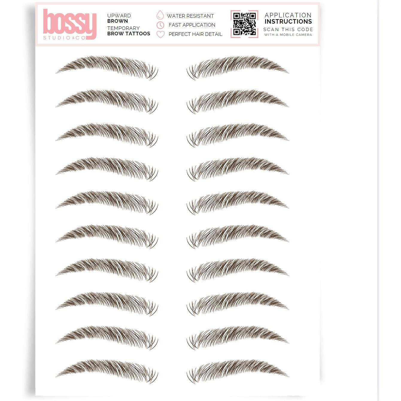 Brows By Bossy Studio & Co Temporary Eyebrow Tattoos Waterproof Eyebrow Stickers, False Tattoos Hair Like Peel Off Instant Transfer Brow Upward Brown
