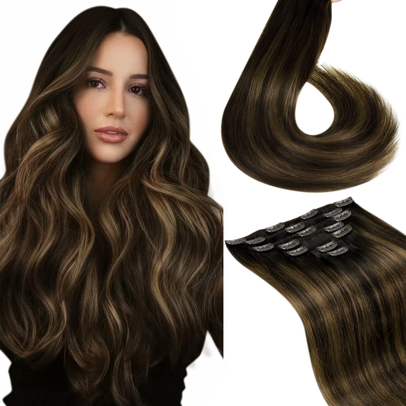 Laavoo Clip In Hair Extensions Balayage Real Human Hair Dark Brown Fading To Light Brown 18 Inch Hair Extensions Clip In Human Hair Brunette Hair Extensions For Women 120G 7Pcs