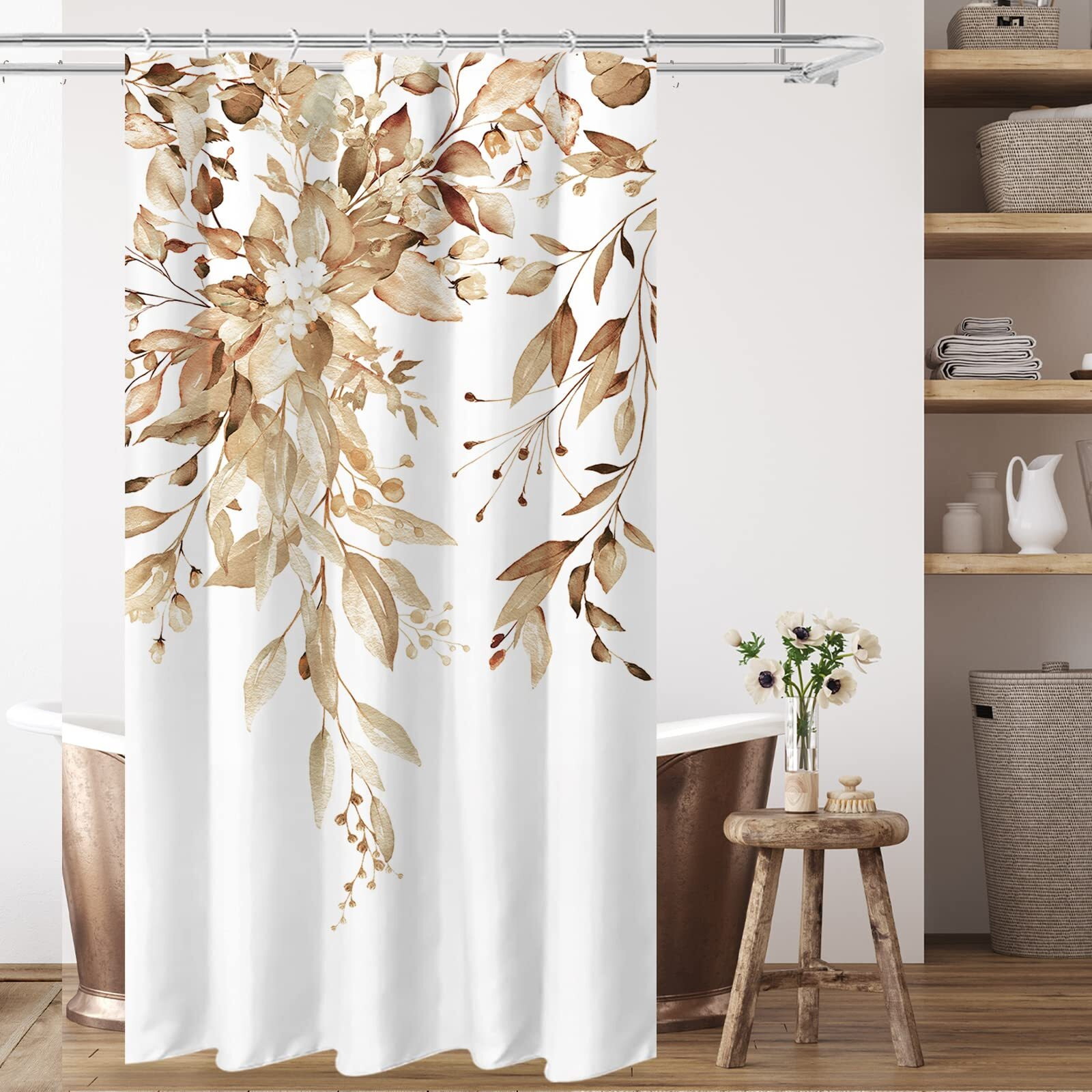Tititex Tan Eucalyptus Shower Curtain Sets, Watercolor Light Brown Leaves On The Top Plant With Floral Bathroom Decoration 36X72 Inch With Hooks