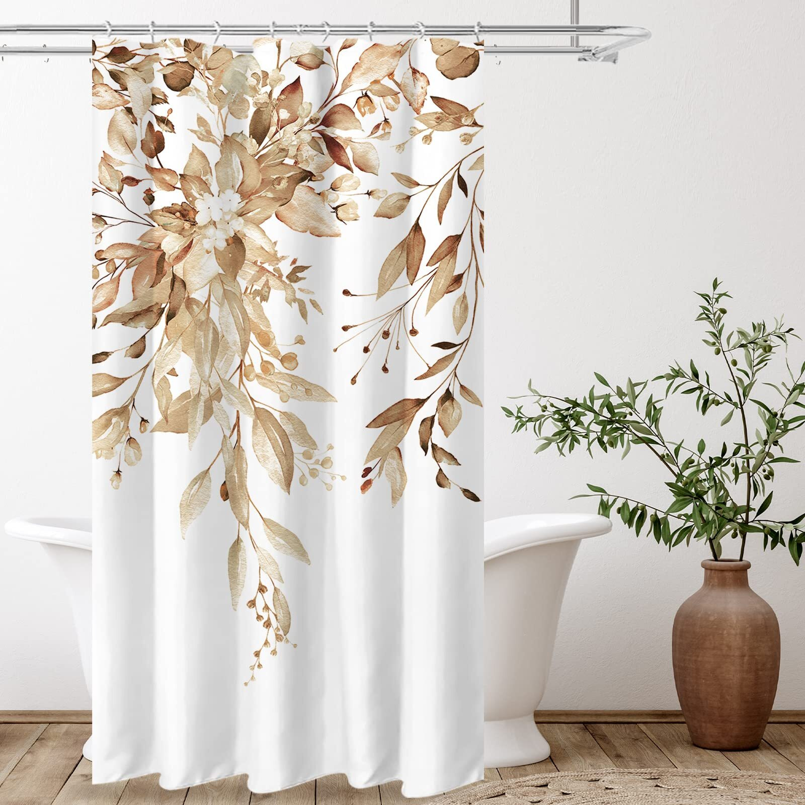 Tititex Tan Eucalyptus Shower Curtain Sets, Watercolor Light Brown Leaves On The Top Plant With Floral Bathroom Decoration 36X72 Inch With Hooks