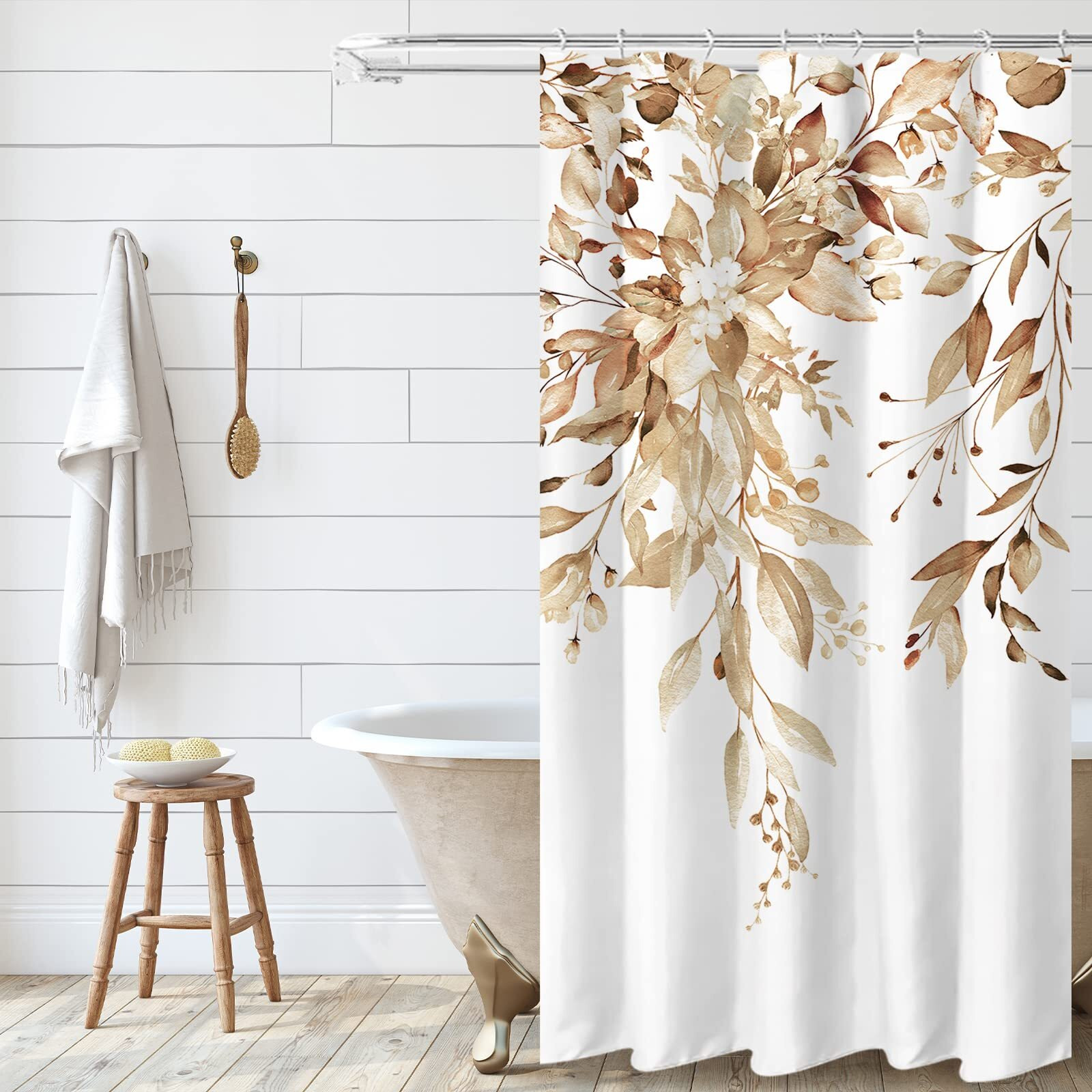 Tititex Tan Eucalyptus Shower Curtain Sets, Watercolor Light Brown Leaves On The Top Plant With Floral Bathroom Decoration 36X72 Inch With Hooks