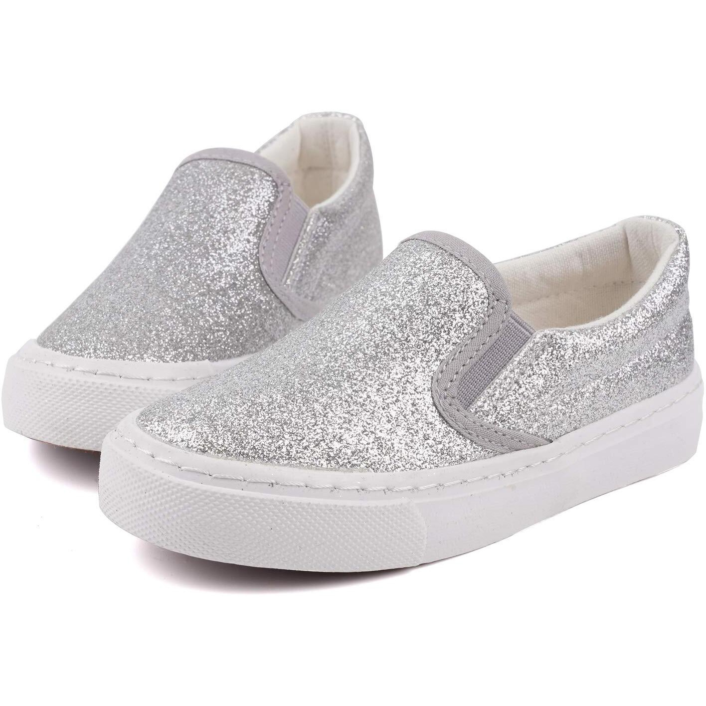 Toandon Toddler Kids Sneakers Canvas Shoes Loafers Boys Girls Glitter Low Top Slip On Glimmer Sparkle Non-Slip Rubber Sole Lightweight Breathable Outdoor Fashion Casual Grey Sliver Size 9