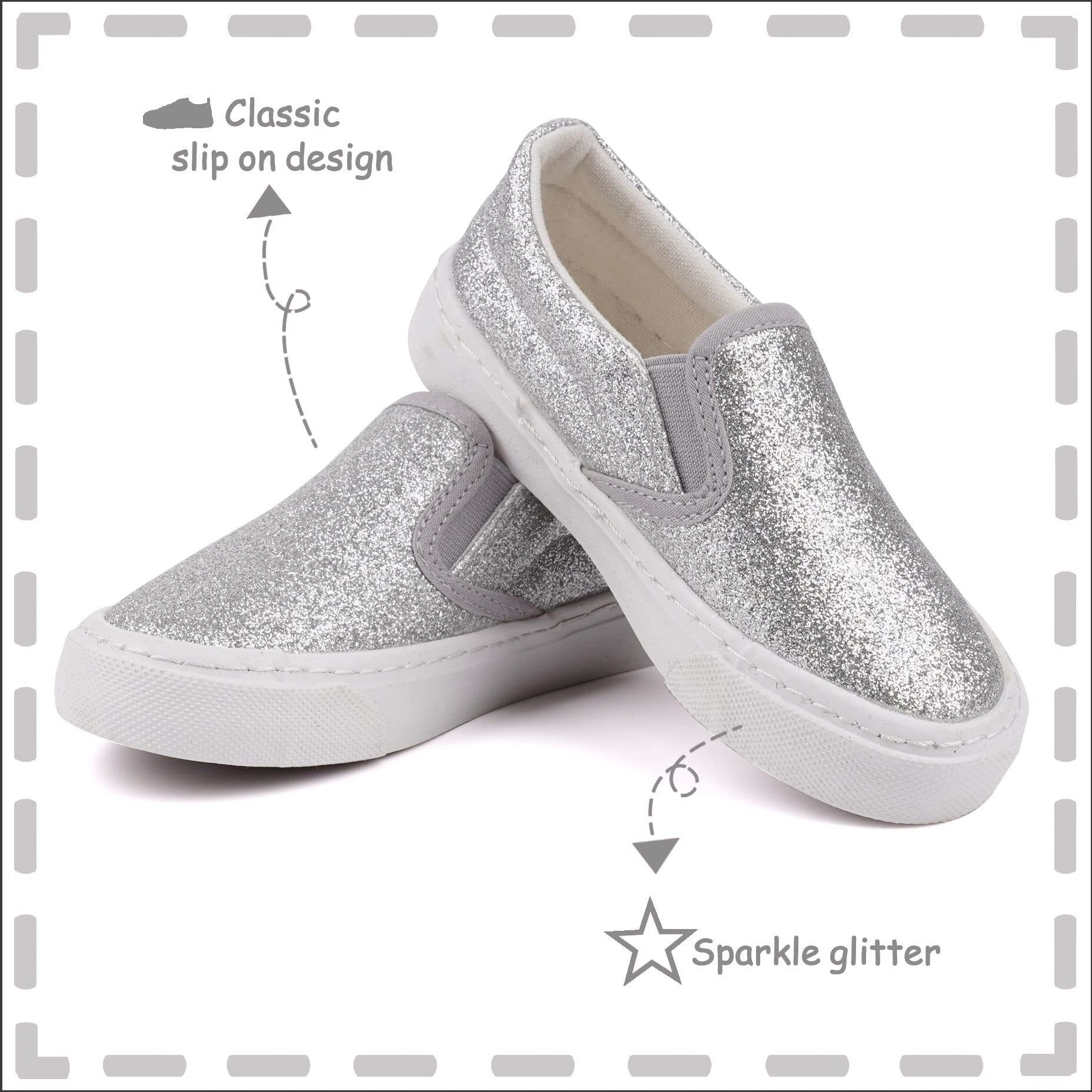 Toandon Toddler Kids Sneakers Canvas Shoes Loafers Boys Girls Glitter Low Top Slip On Glimmer Sparkle Non-Slip Rubber Sole Lightweight Breathable Outdoor Fashion Casual Grey Sliver Size 9