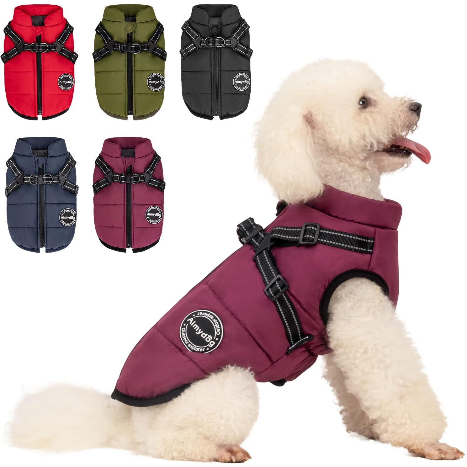 Aimydog Warm Dog Winter Coat, Fashion Sports Dog Cold Weather Jacket With Built-In Harness, Reflective & Adjustable Comfortable Pet Vest, Waterproof Windproof Dog Apparel For Small Dogs (Purple)